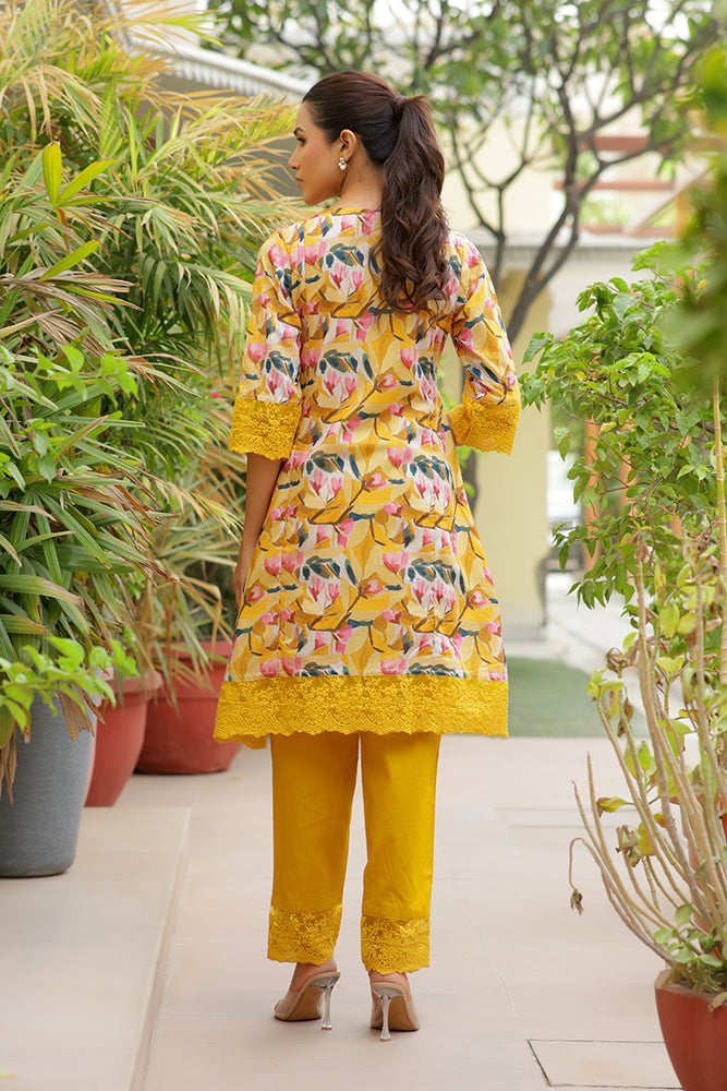 Vaasva Women Yellow Embroidered Printed Kurta Set With Laced Solid Pants | Swadesiicart
