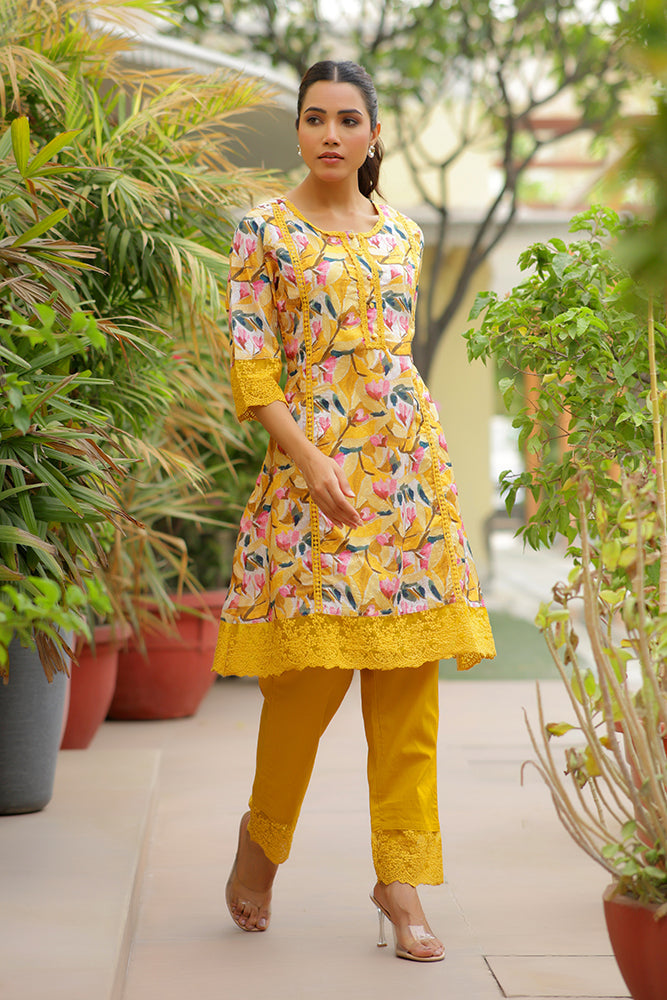 Vaasva Women Yellow Embroidered Printed Kurta Set With Laced Solid Pants | Swadesiicart