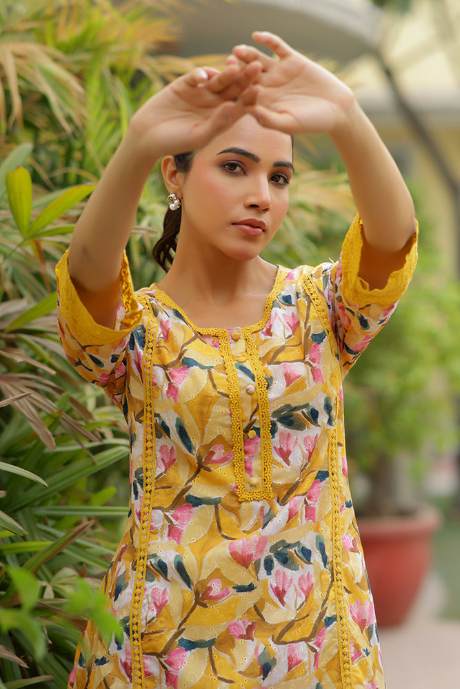 Vaasva Women Yellow Embroidered Printed Kurta Set With Laced Solid Pants | Swadesiicart