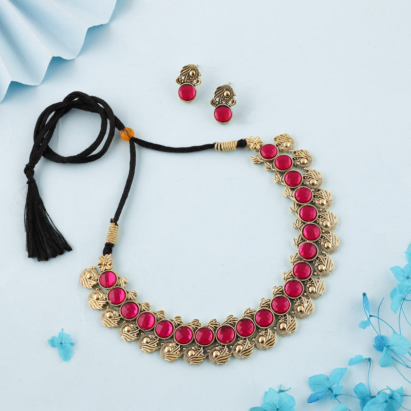 Tehzeeb Creations Pink Colour Gold-Polished Stone Jewellery Choker Necklace Set With Matching Pair of Stud Earrings - Swadesiicart