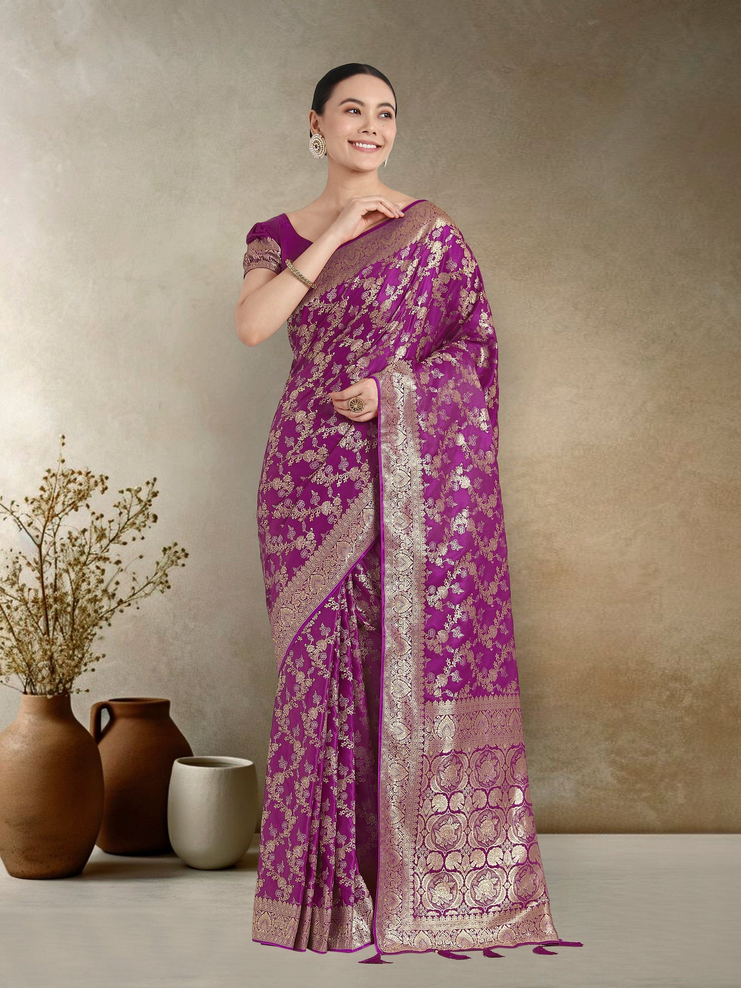 Monjolika Fashion Effervescent Purple Soft Banarasi Satin Silk Saree With Elision Blouse Piece | Swadesiicart