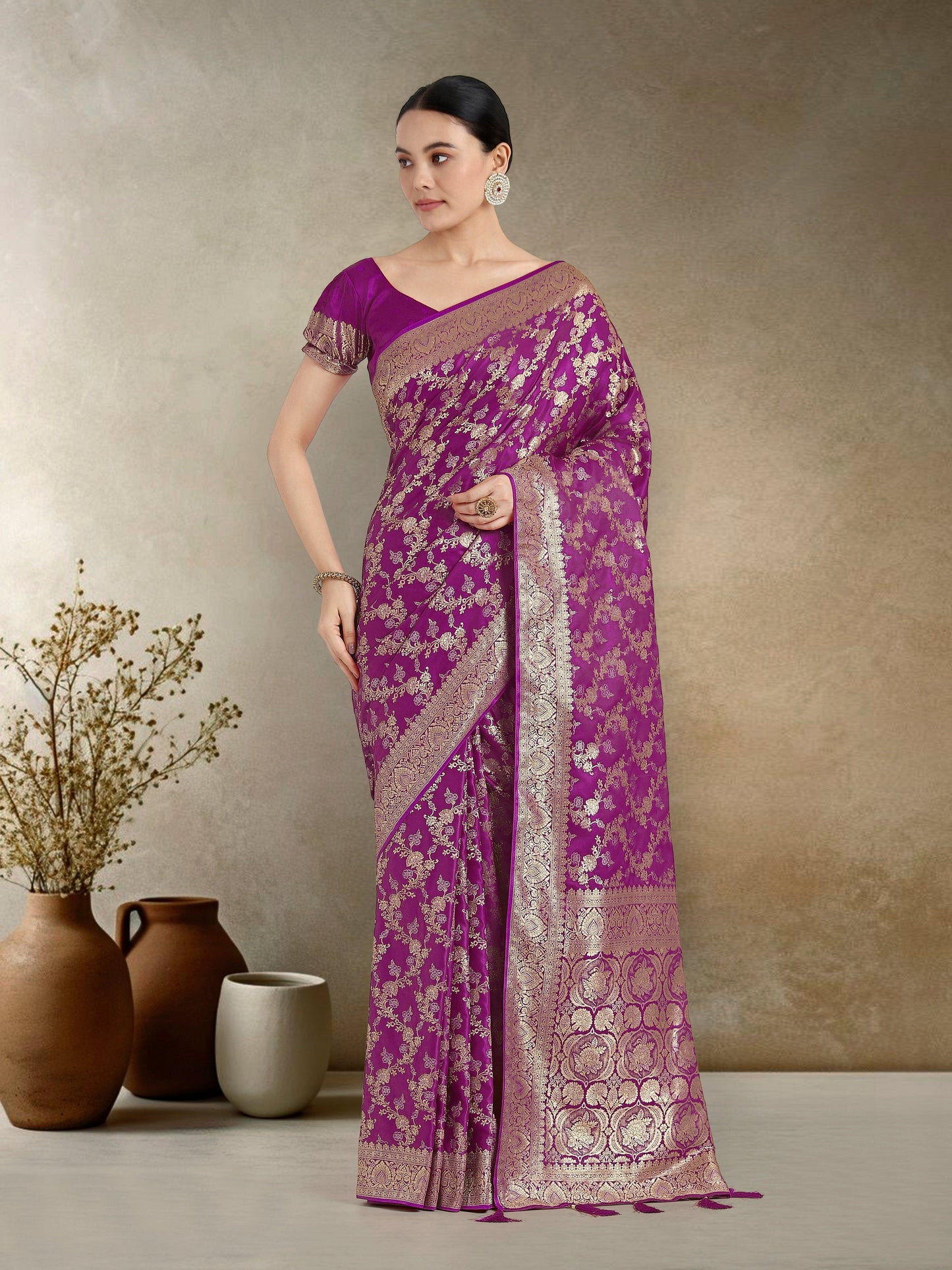 Monjolika Fashion Effervescent Purple Soft Banarasi Satin Silk Saree With Elision Blouse Piece | Swadesiicart