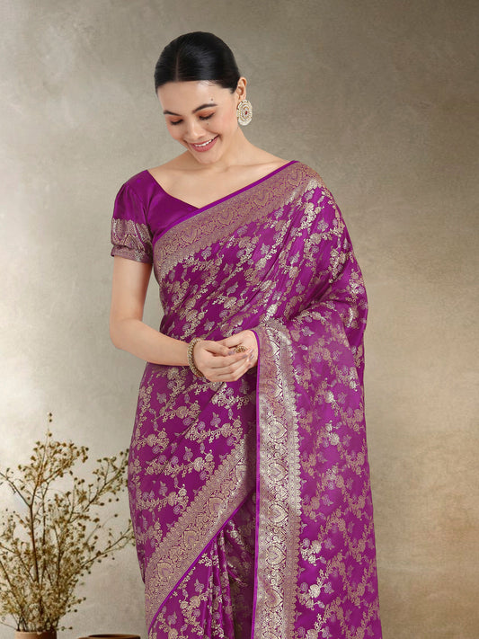 Monjolika Fashion Effervescent Purple Soft Banarasi Satin Silk Saree With Elision Blouse Piece | Swadesiicart