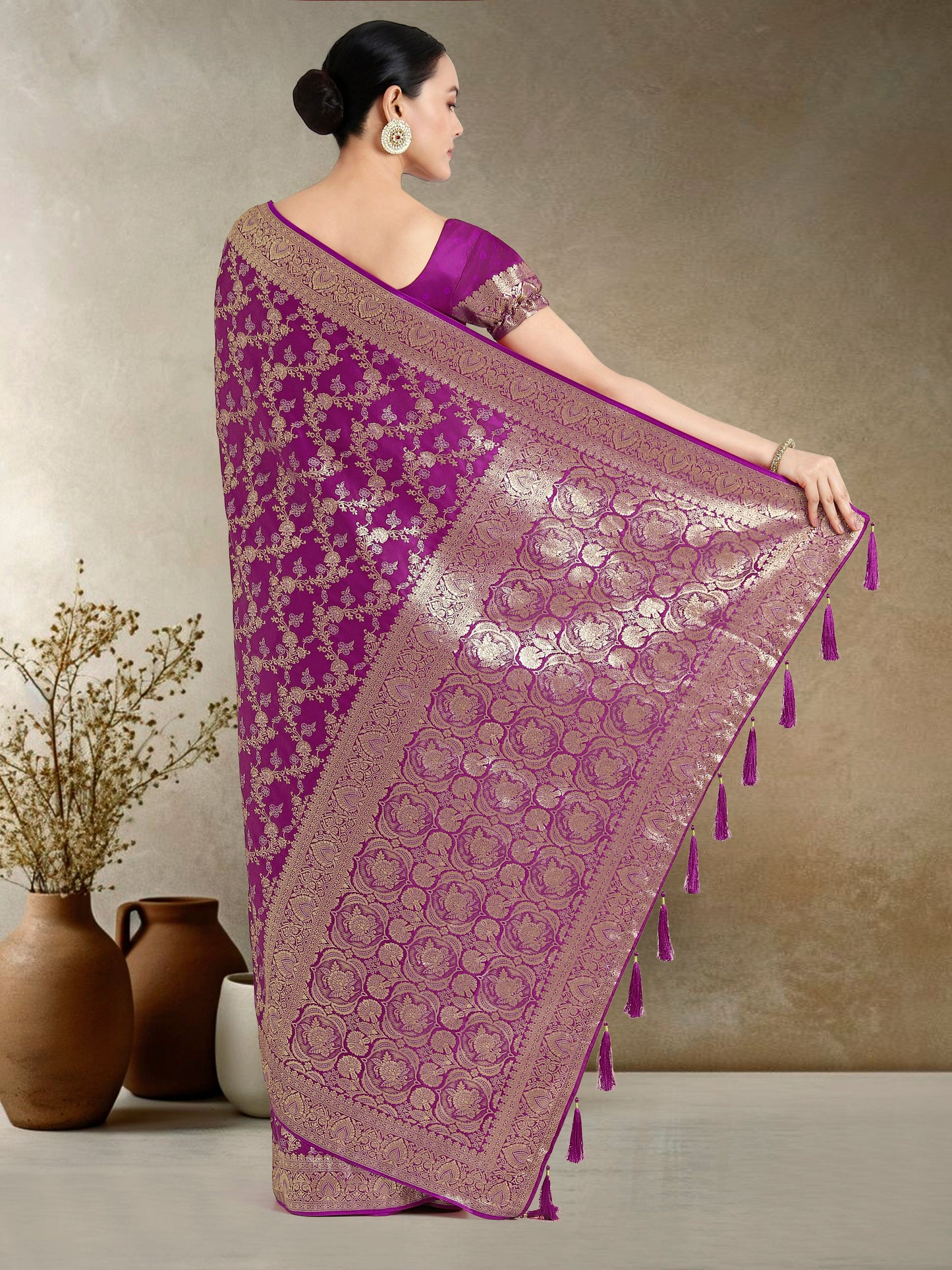 Monjolika Fashion Effervescent Purple Soft Banarasi Satin Silk Saree With Elision Blouse Piece | Swadesiicart