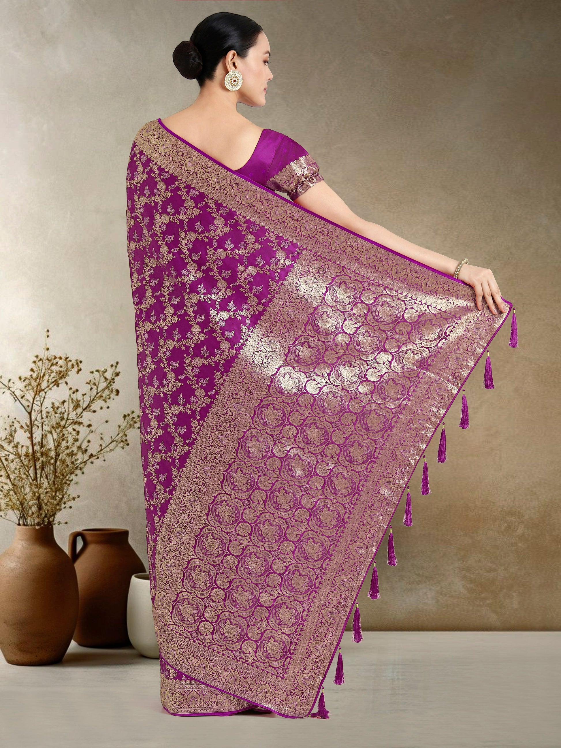 Monjolika Fashion Effervescent Purple Soft Banarasi Satin Silk Saree With Elision Blouse Piece | Swadesiicart