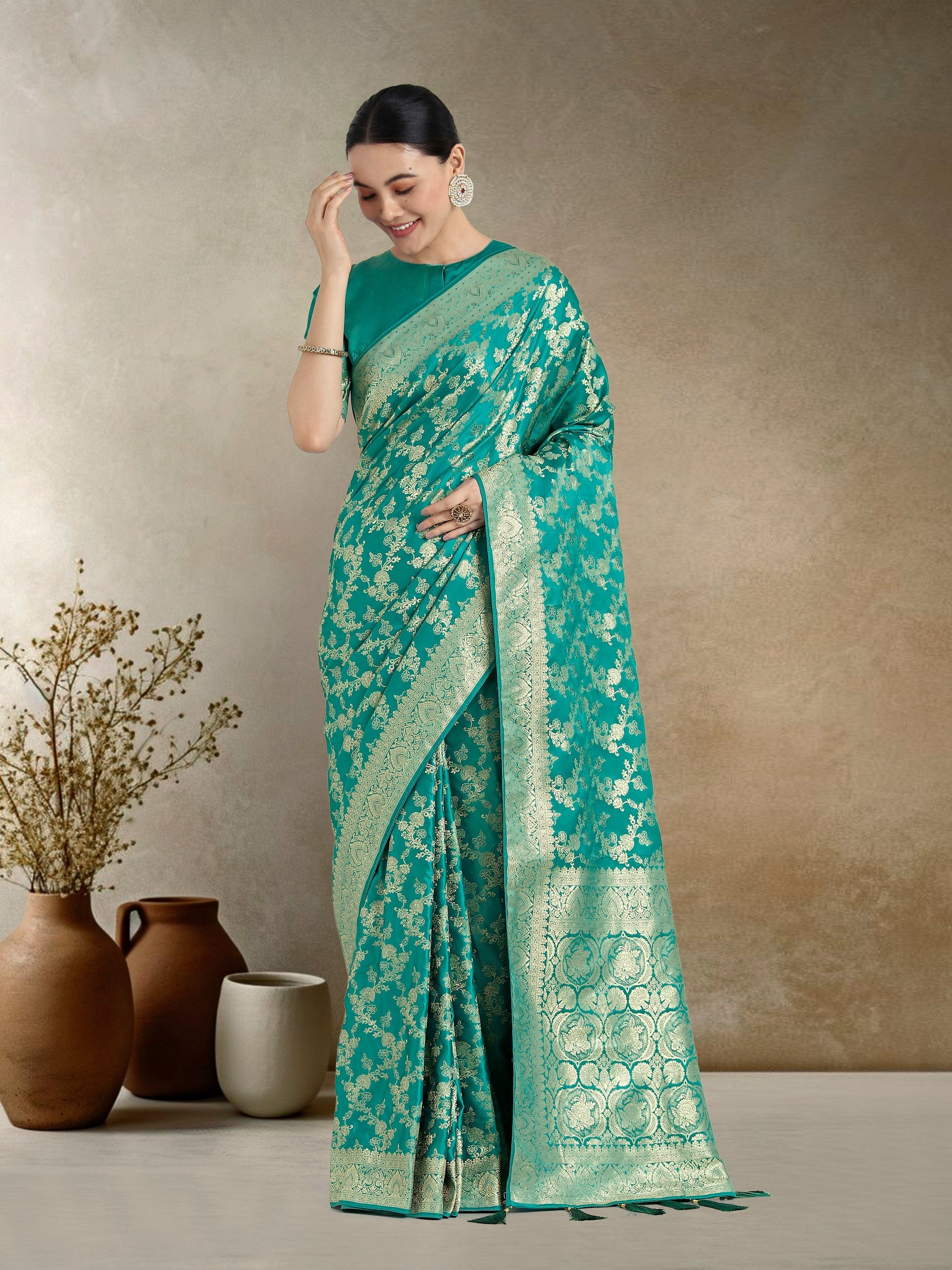 Monjolika Fashion Effervescent Turquoise Soft Banarasi Satin Silk Saree With Elision Blouse Piece | Swadesiicart