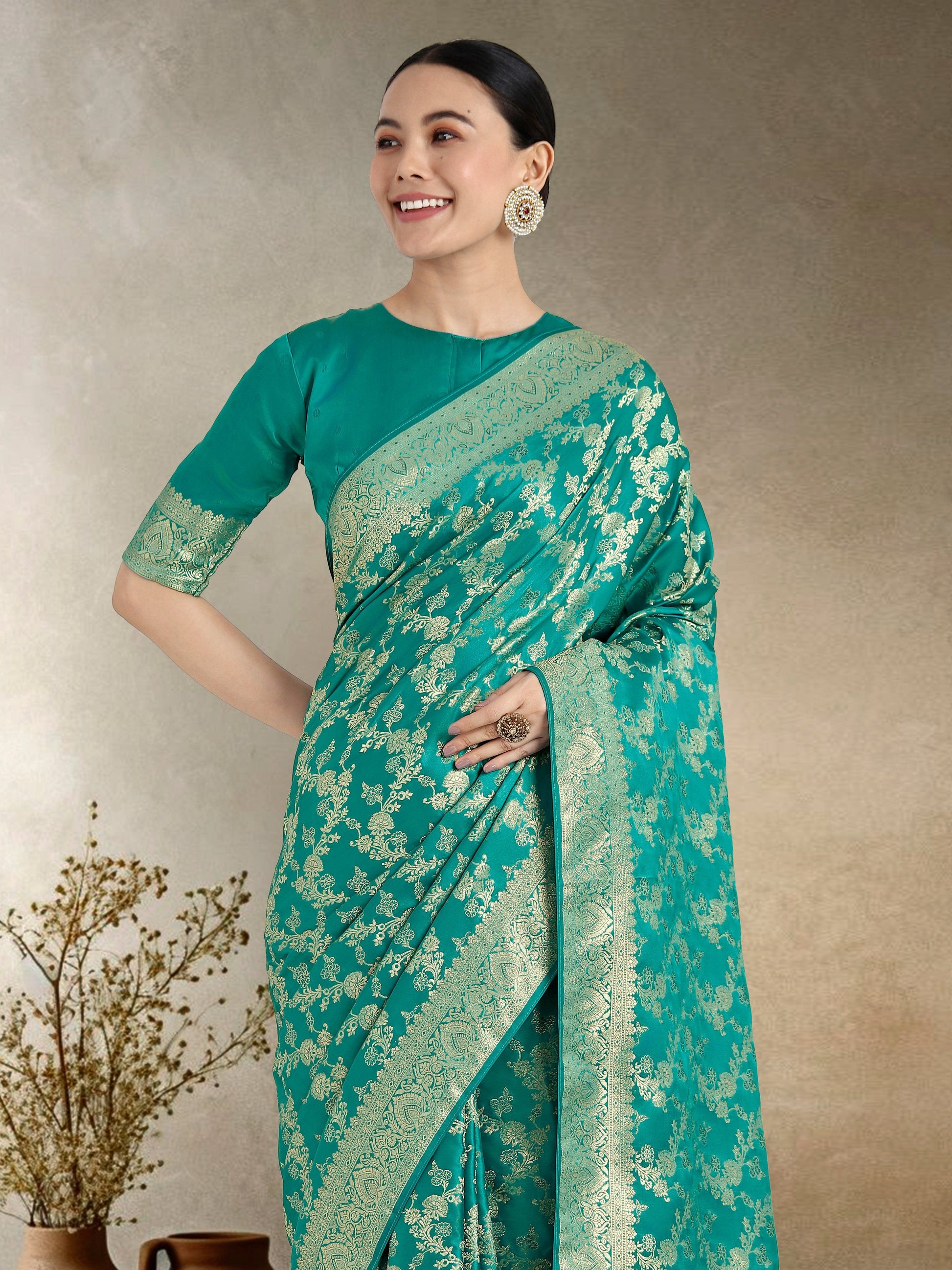 Monjolika Fashion Effervescent Turquoise Soft Banarasi Satin Silk Saree With Elision Blouse Piece | Swadesiicart