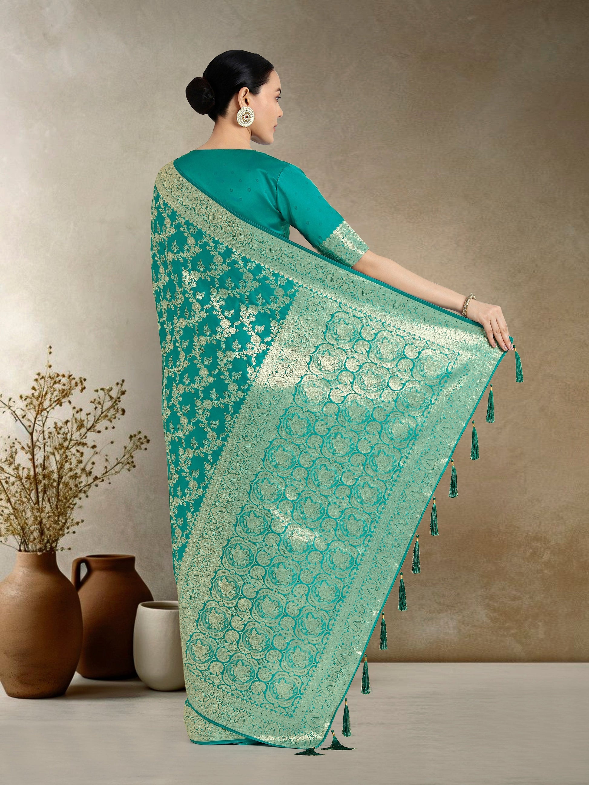 Monjolika Fashion Effervescent Turquoise Soft Banarasi Satin Silk Saree With Elision Blouse Piece | Swadesiicart