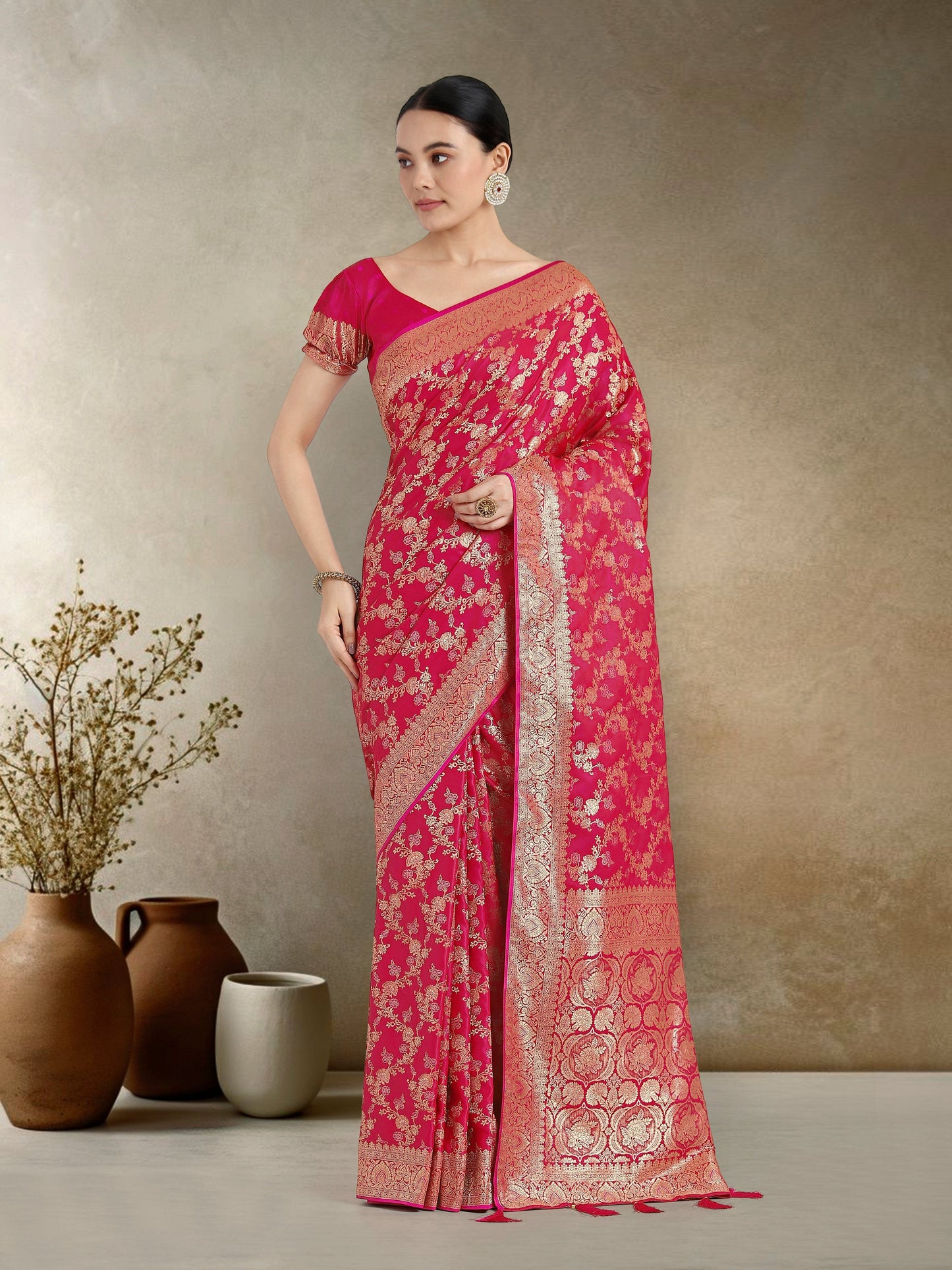 Monjolika Fashion Effervescent Bright Pink Soft Banarasi Satin Silk Saree With Elision Blouse Piece | Swadesiicart