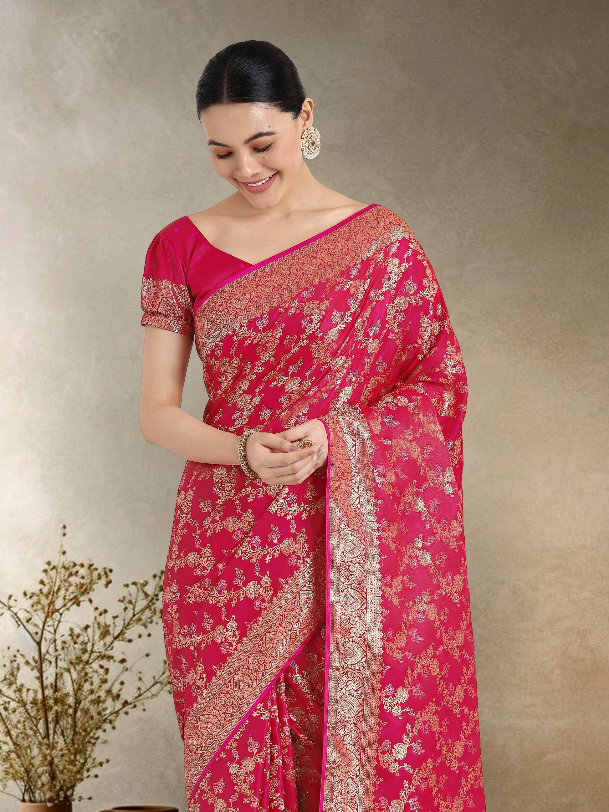 Monjolika Fashion Effervescent Bright Pink Soft Banarasi Satin Silk Saree With Elision Blouse Piece | Swadesiicart
