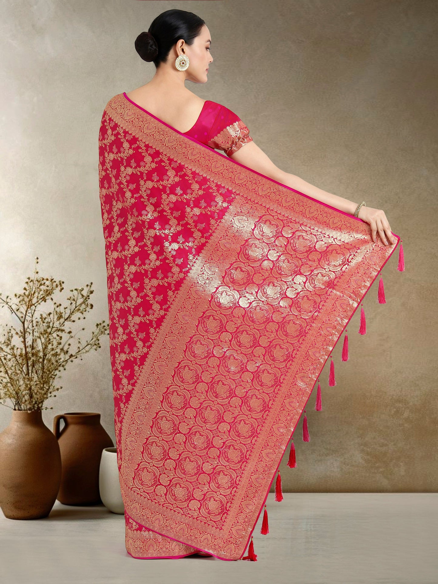 Monjolika Fashion Effervescent Bright Pink Soft Banarasi Satin Silk Saree With Elision Blouse Piece | Swadesiicart