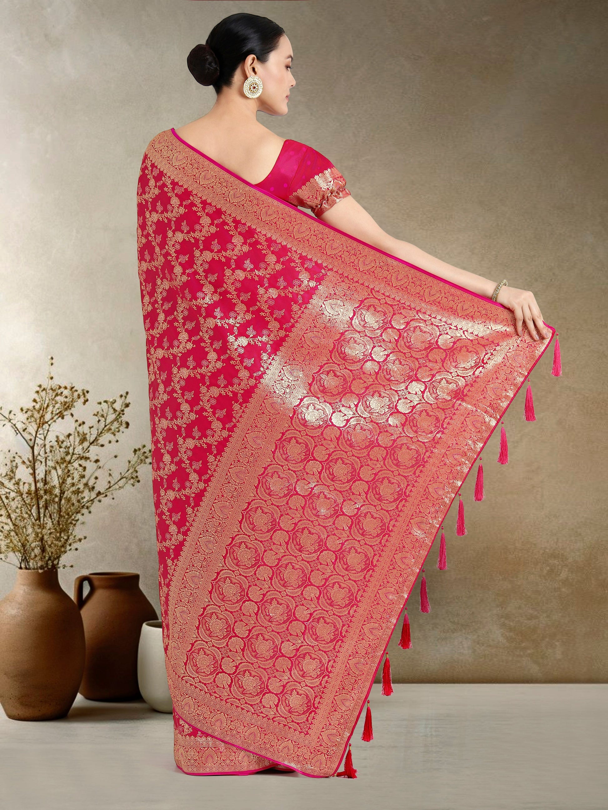 Monjolika Fashion Effervescent Bright Pink Soft Banarasi Satin Silk Saree With Elision Blouse Piece | Swadesiicart