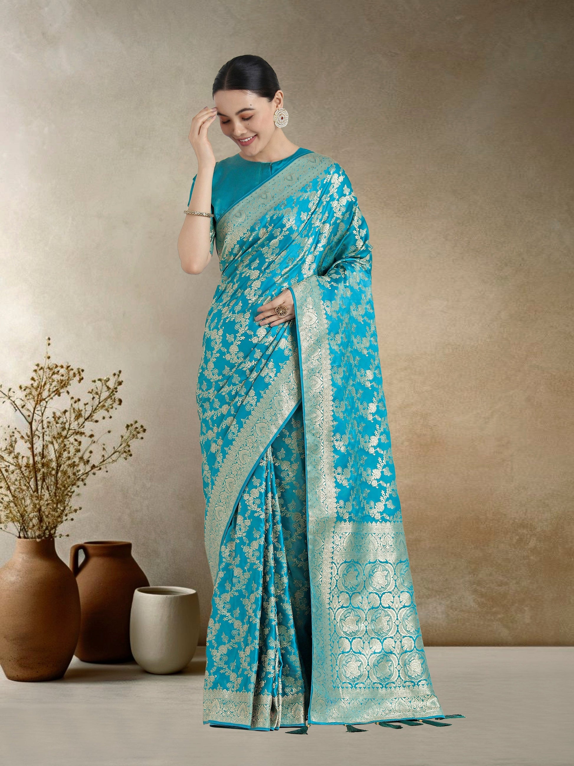 Monjolika Fashion Effervescent Aqua blue Soft Banarasi Satin Silk Saree With Elision Blouse Piece | Swadesiicart