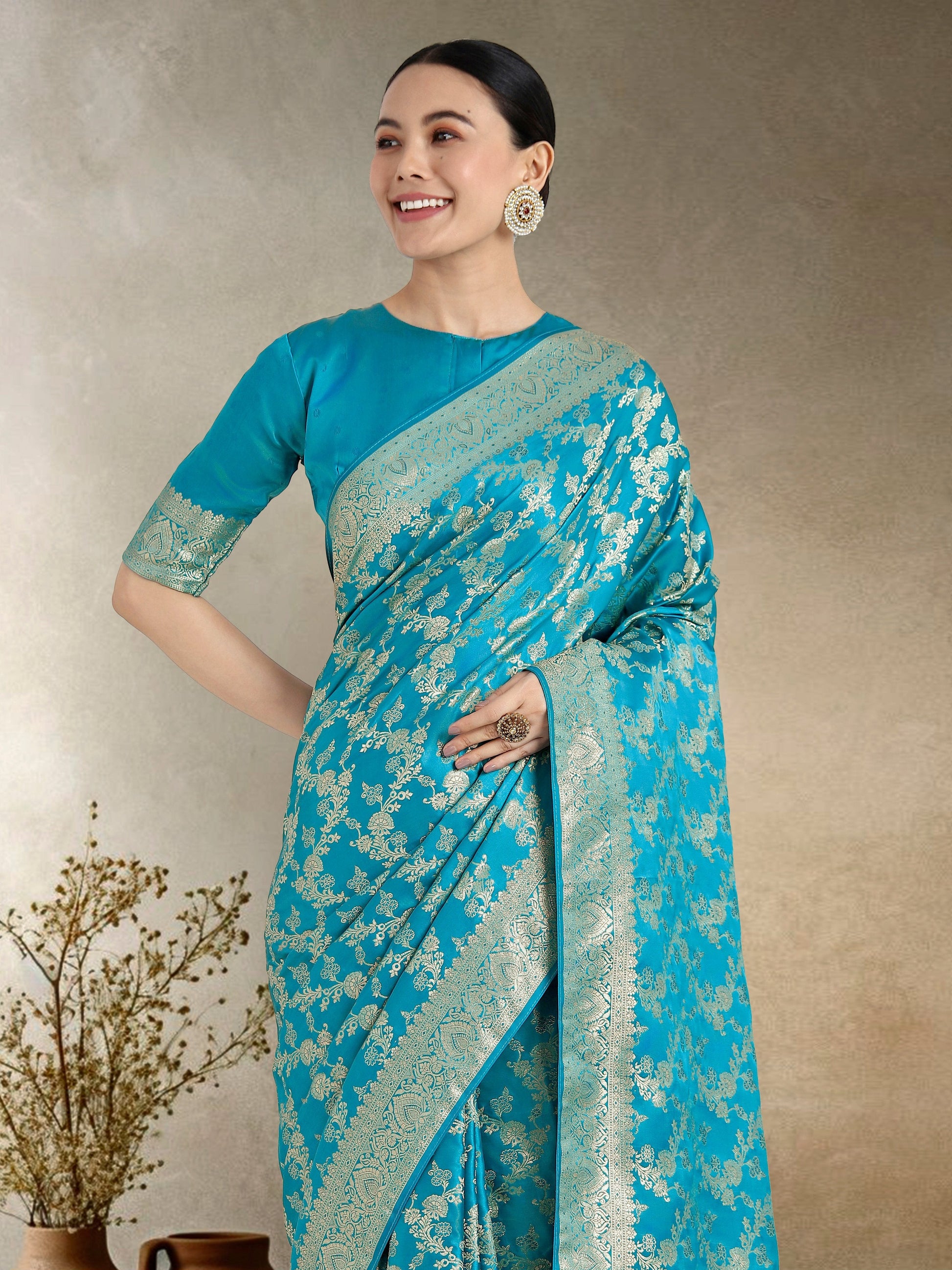 Monjolika Fashion Effervescent Aqua blue Soft Banarasi Satin Silk Saree With Elision Blouse Piece | Swadesiicart