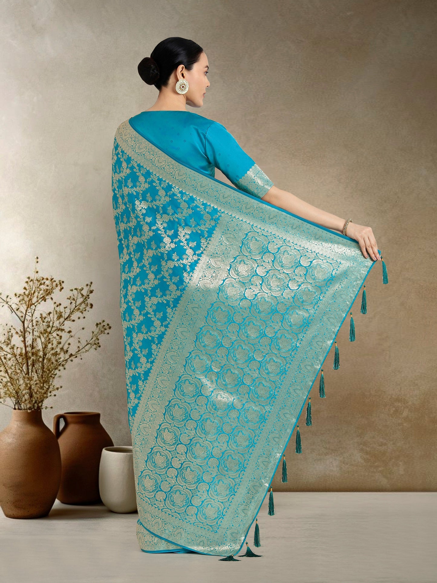 Monjolika Fashion Effervescent Aqua blue Soft Banarasi Satin Silk Saree With Elision Blouse Piece | Swadesiicart