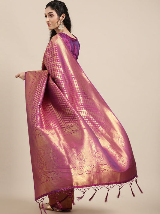 Saree Mall Magenta Ethnic Motifs Zari Silk Blend Banarasi Saree For Women | Swadesiicart