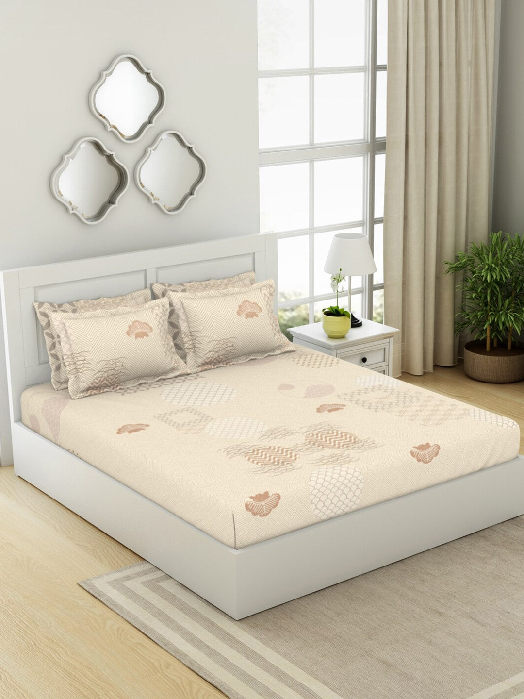SPACES Pattern Art Cream Printed Egyptian Cotton 350 TC King Bedsheet & 4 Pillow Covers - Swadesiicart