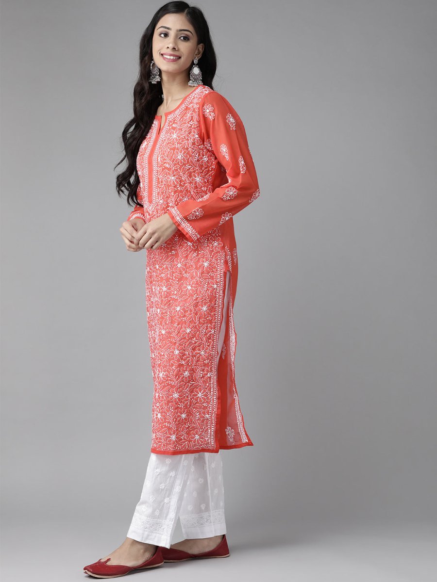 ADA Women Red & White Sustainable Hand Embroidered Chikankari Handloom Kurta with Palazzos | Swadesiicart