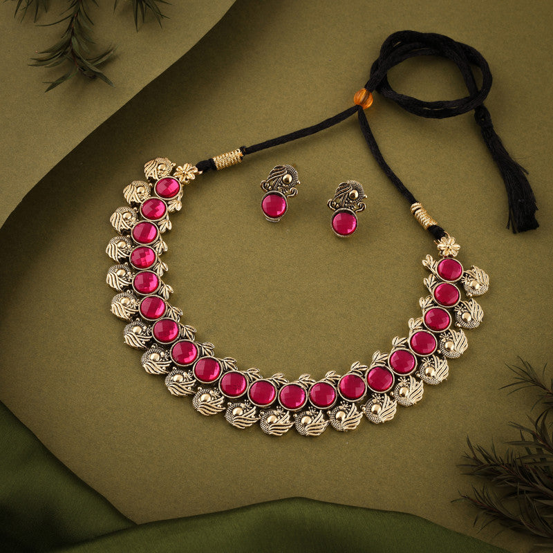 Tehzeeb Creations Pink Colour Gold-Polished Stone Jewellery Choker Necklace Set With Matching Pair of Stud Earrings - Swadesiicart