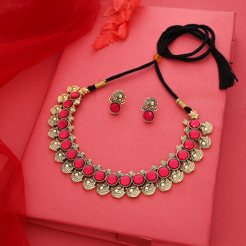 Tehzeeb Creations Pink Colour Gold-Polished Stone Jewellery Choker Necklace Set With Matching Pair of Stud Earrings - Swadesiicart