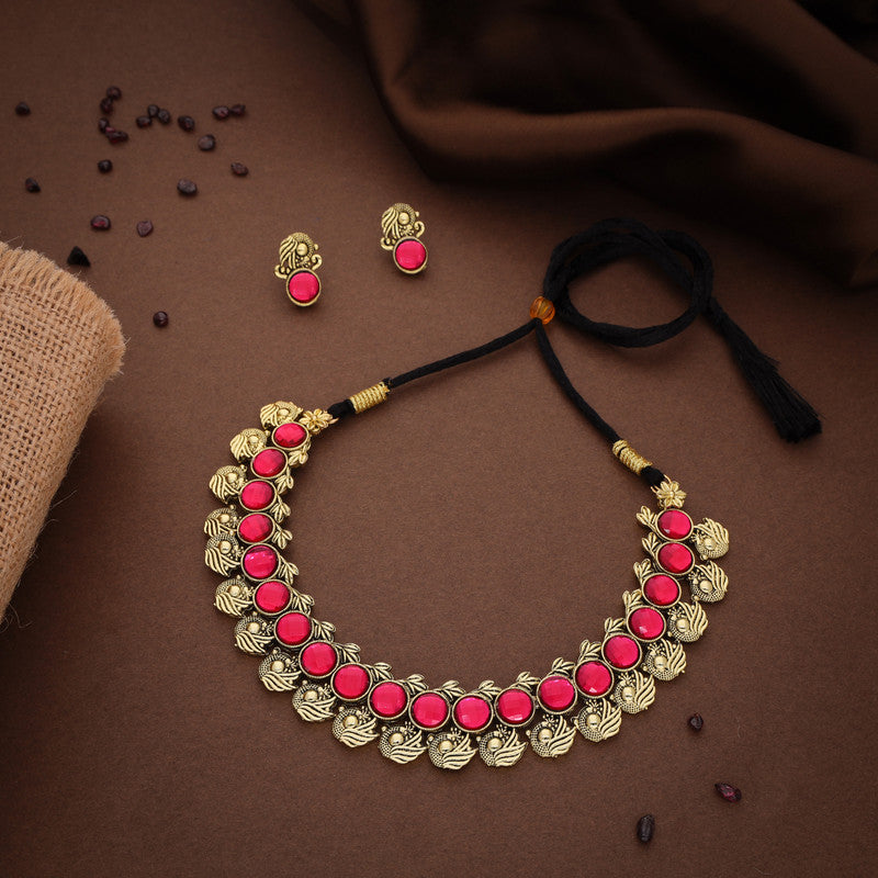 Tehzeeb Creations Pink Colour Gold-Polished Stone Jewellery Choker Necklace Set With Matching Pair of Stud Earrings - Swadesiicart