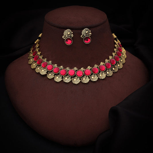Tehzeeb Creations Pink Colour Gold-Polished Stone Jewellery Choker Necklace Set With Matching Pair of Stud Earrings - Swadesiicart
