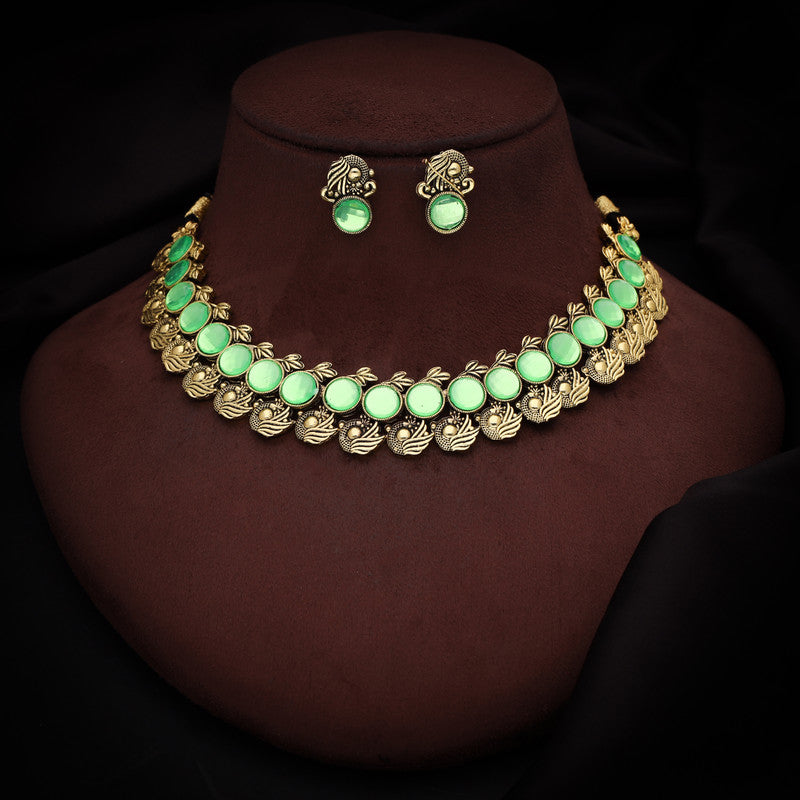 Tehzeeb Creations Sea Green Colour Gold-Polished Stone Jewellery Choker Necklace Set With Matching Pair of Stud Earrings - Swadesiicart