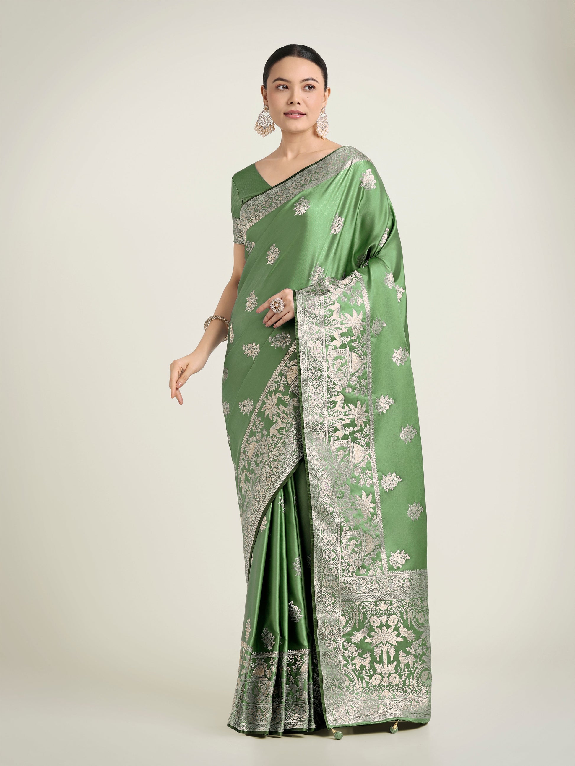 Monjolika Fashion Light Green Zari Weaving Work Banarasi Satin Silk Traditional Saree | Swadesiicart