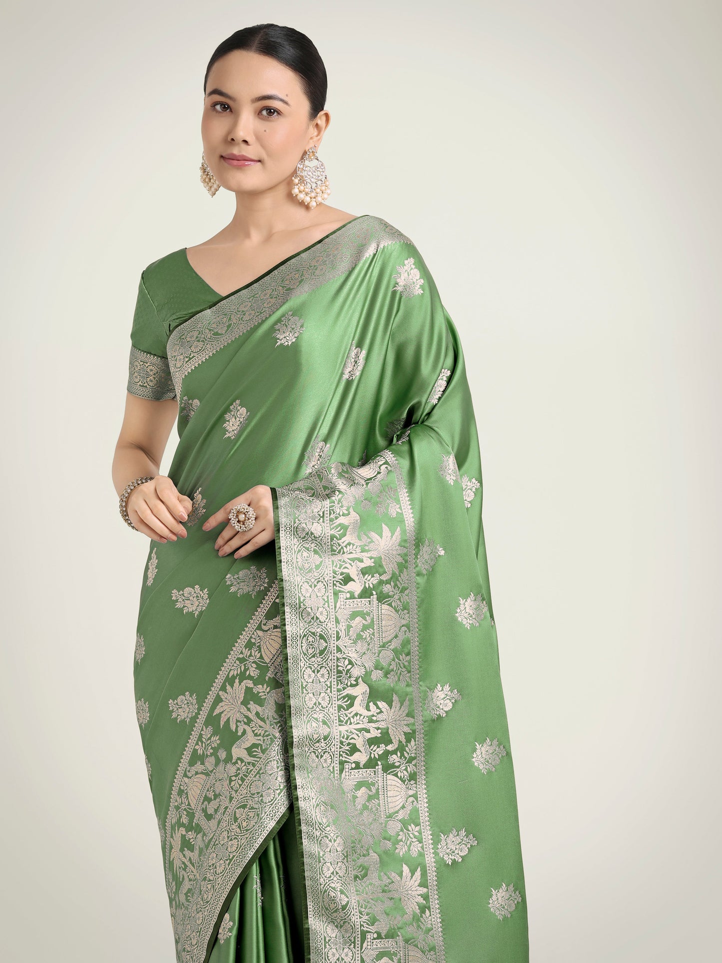 Monjolika Fashion Light Green Zari Weaving Work Banarasi Satin Silk Traditional Saree | Swadesiicart