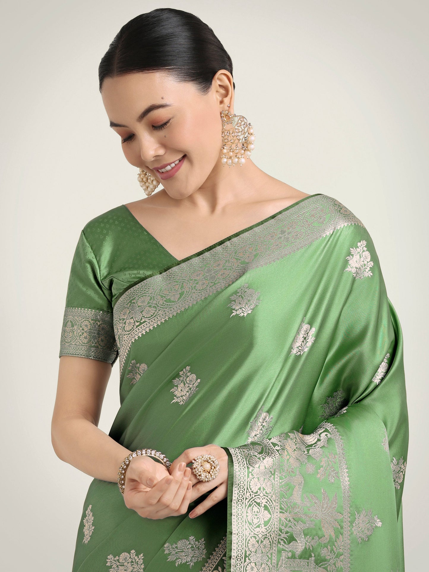 Monjolika Fashion Light Green Zari Weaving Work Banarasi Satin Silk Traditional Saree | Swadesiicart