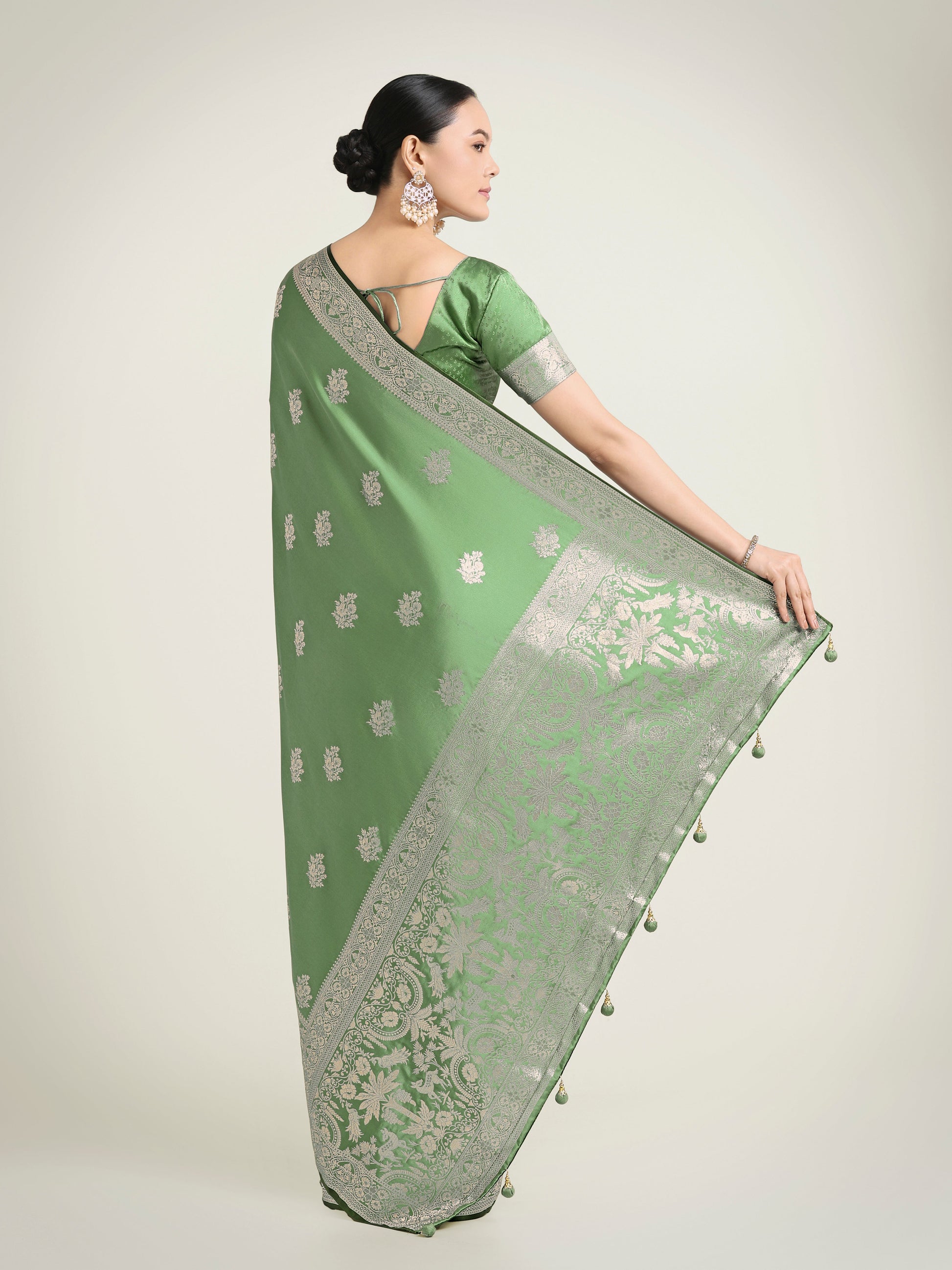 Monjolika Fashion Light Green Zari Weaving Work Banarasi Satin Silk Traditional Saree | Swadesiicart