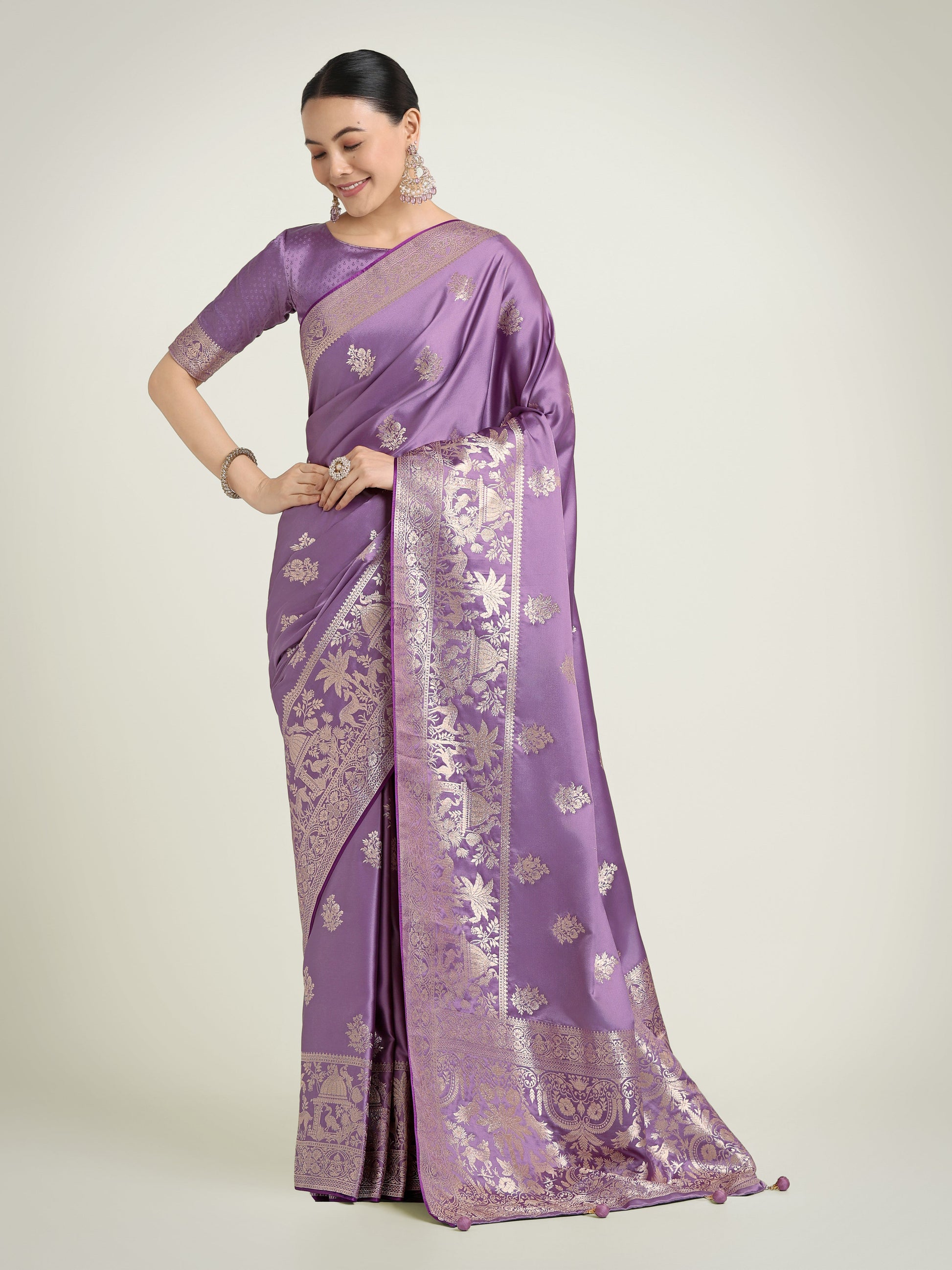 Monjolika Fashion Lavender Zari Weaving Work Banarasi Satin Silk Traditional Saree | Swadesiicart