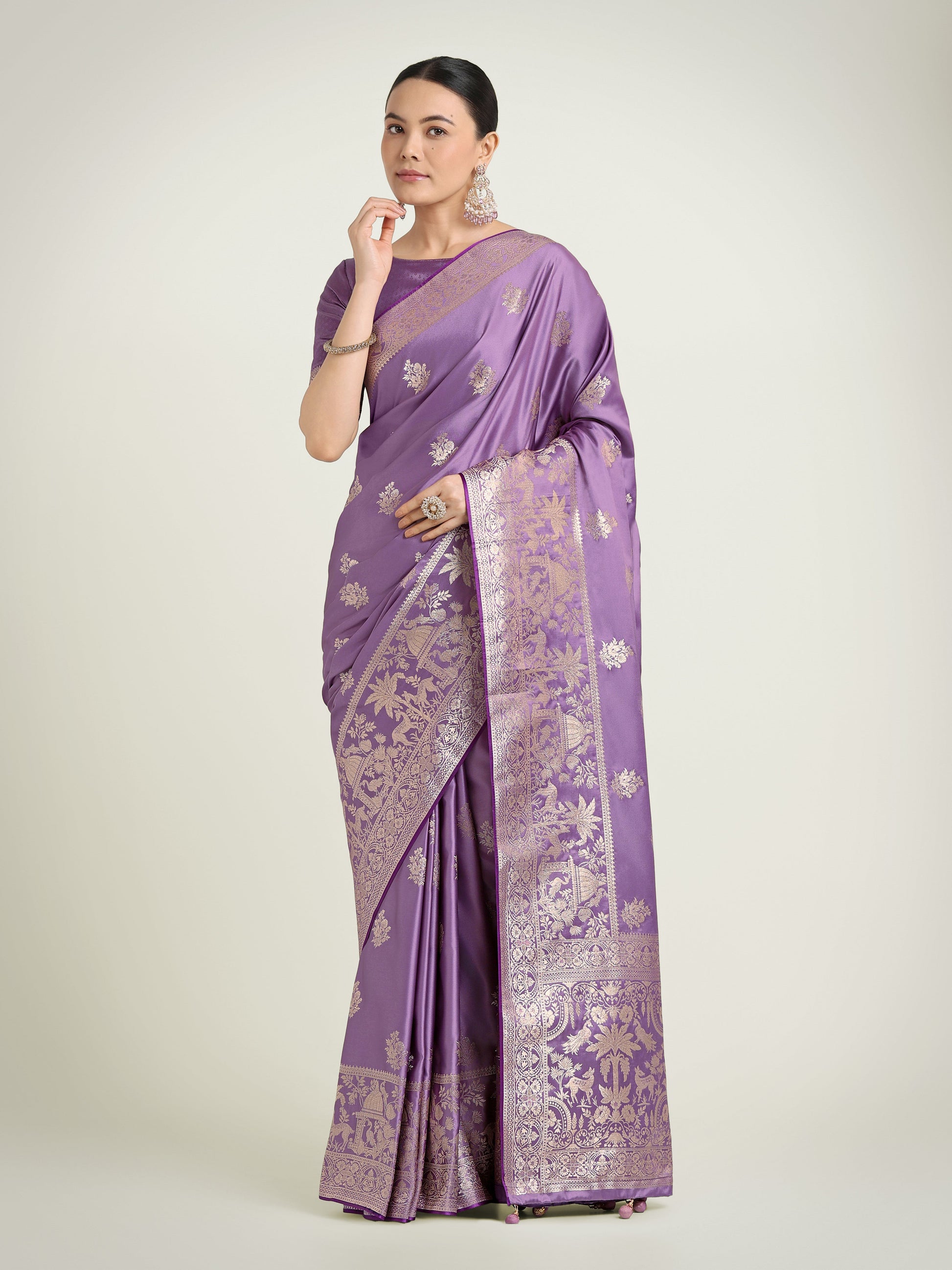 Monjolika Fashion Lavender Zari Weaving Work Banarasi Satin Silk Traditional Saree | Swadesiicart