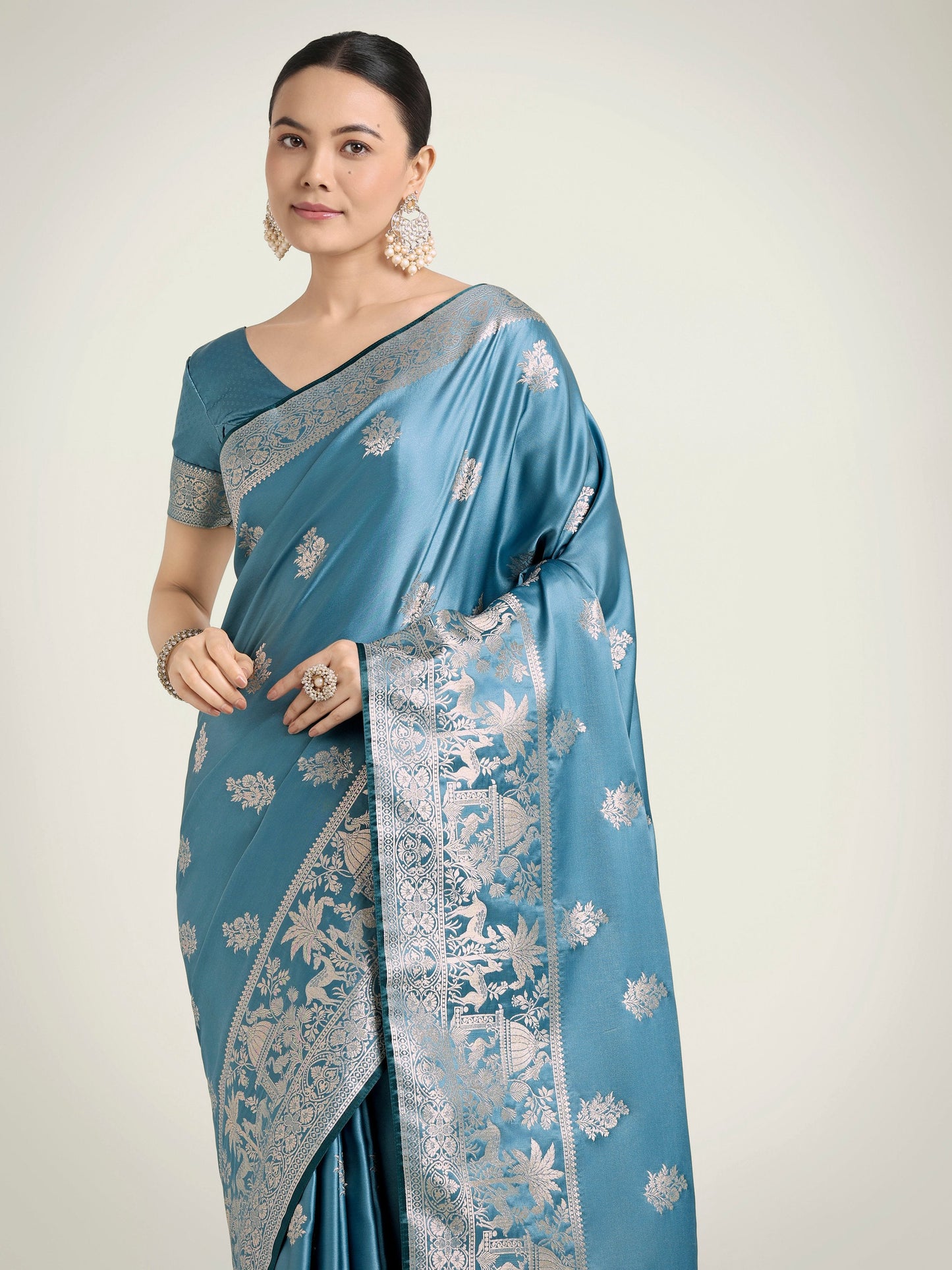 Monjolika Fashion Cyan blue Zari Weaving Work Banarasi Satin Silk Traditional Saree | Swadesiicart