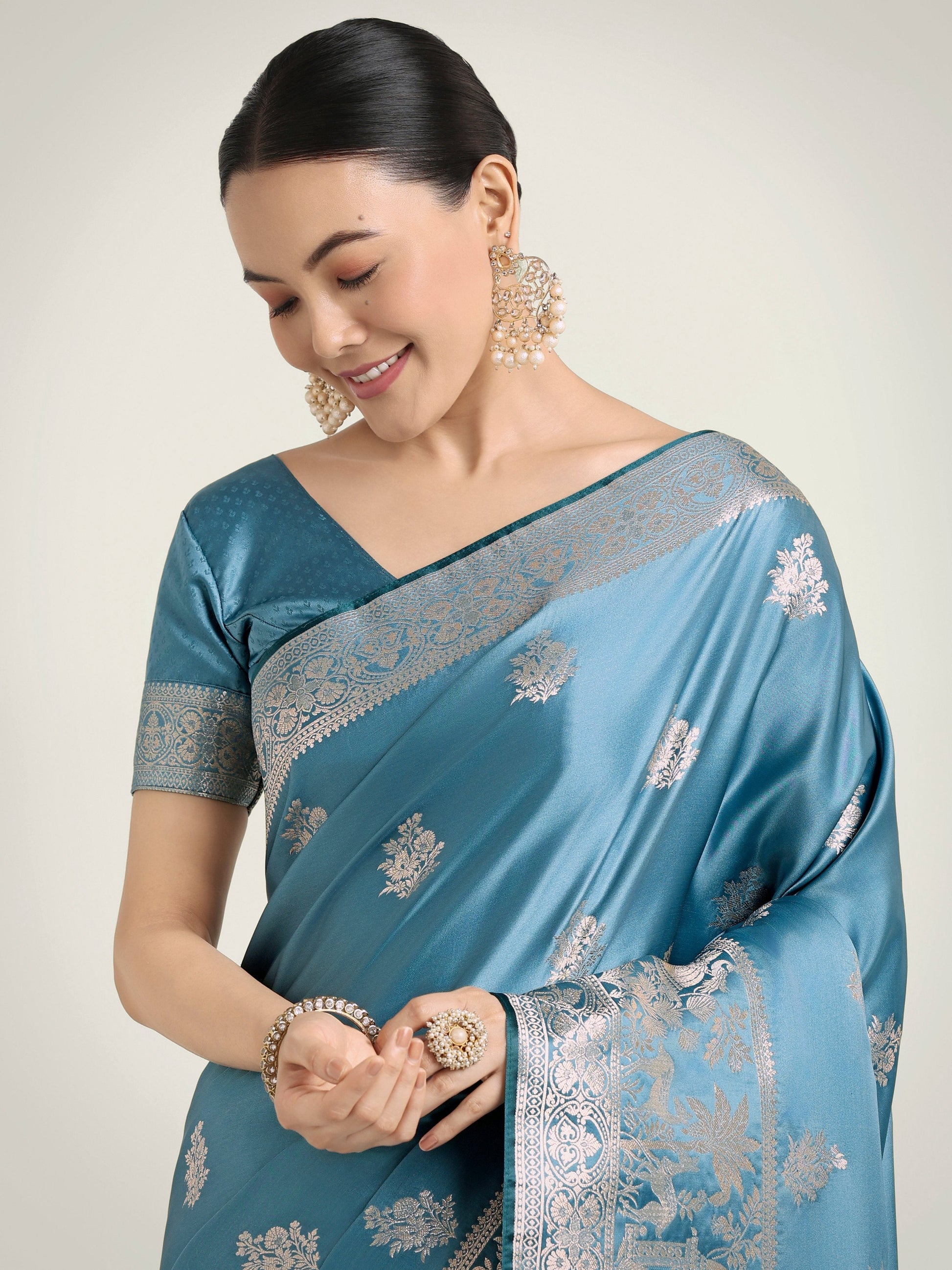 Monjolika Fashion Cyan blue Zari Weaving Work Banarasi Satin Silk Traditional Saree | Swadesiicart