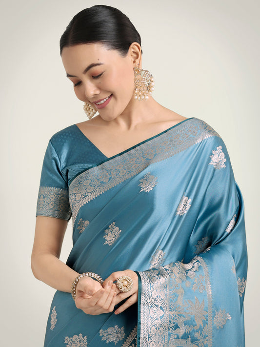Monjolika Fashion Cyan blue Zari Weaving Work Banarasi Satin Silk Traditional Saree | Swadesiicart