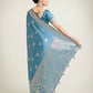 Monjolika Fashion Cyan blue Zari Weaving Work Banarasi Satin Silk Traditional Saree | Swadesiicart