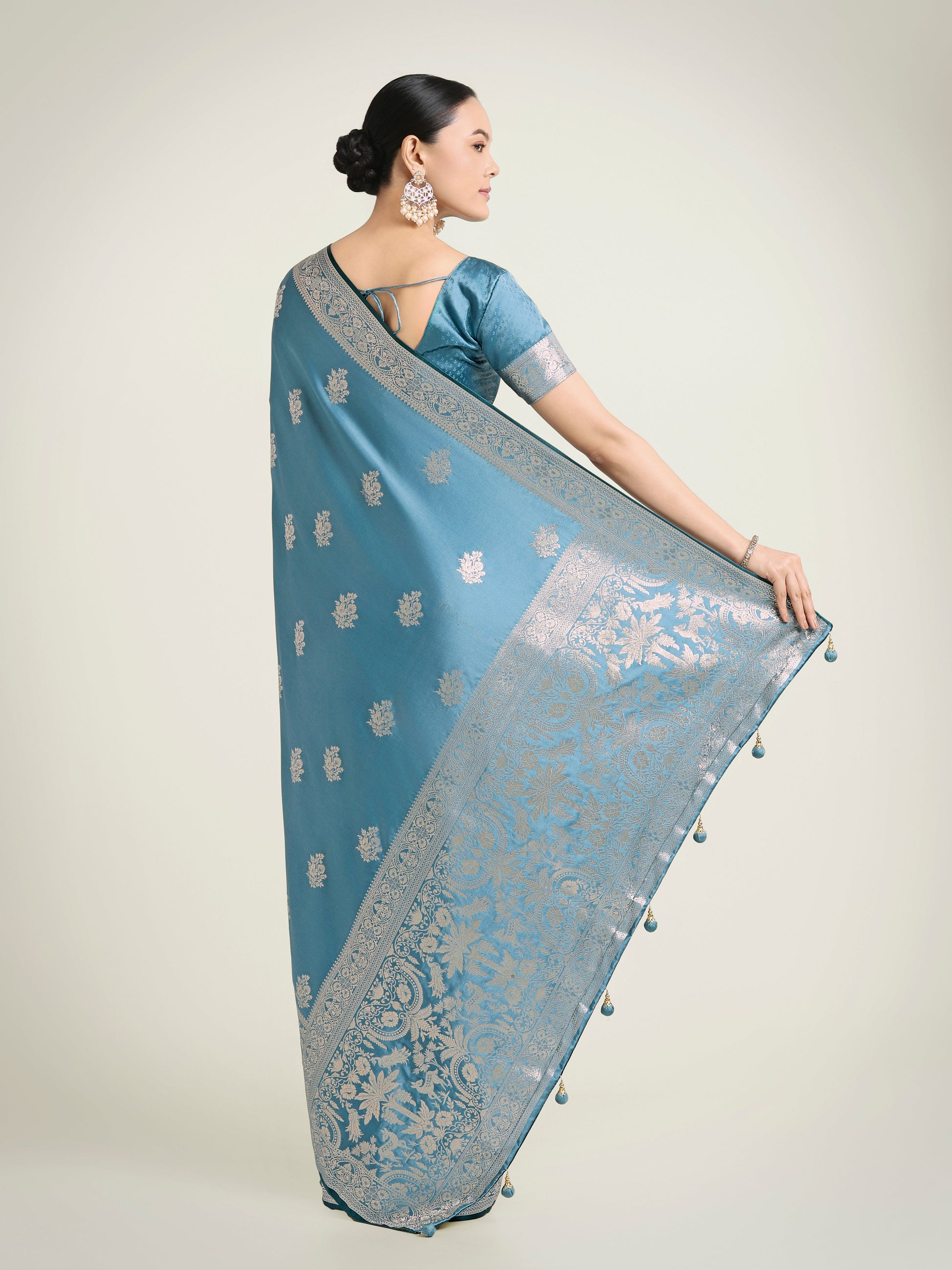 Monjolika Fashion Cyan blue Zari Weaving Work Banarasi Satin Silk Traditional Saree | Swadesiicart