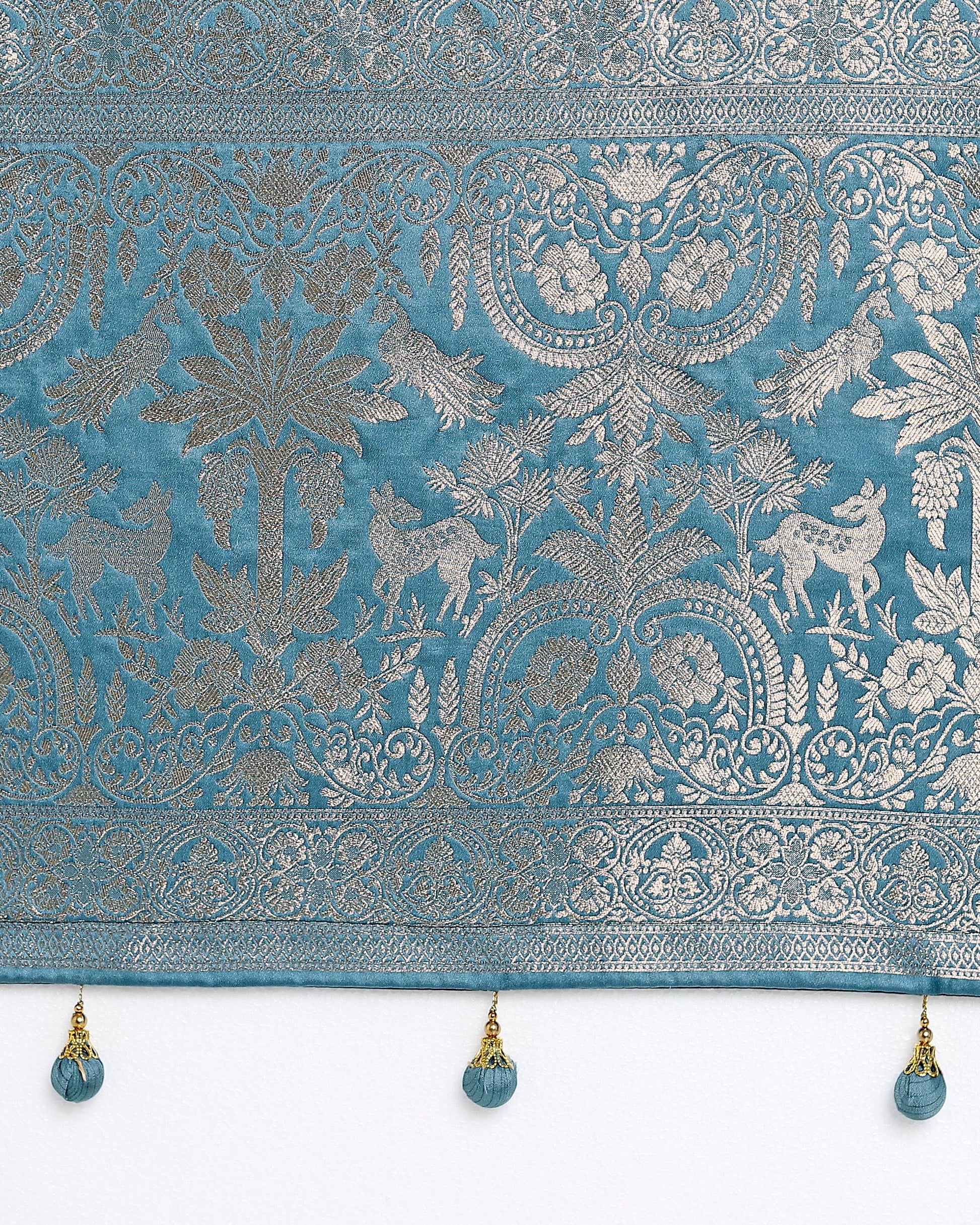 Monjolika Fashion Cyan blue Zari Weaving Work Banarasi Satin Silk Traditional Saree | Swadesiicart