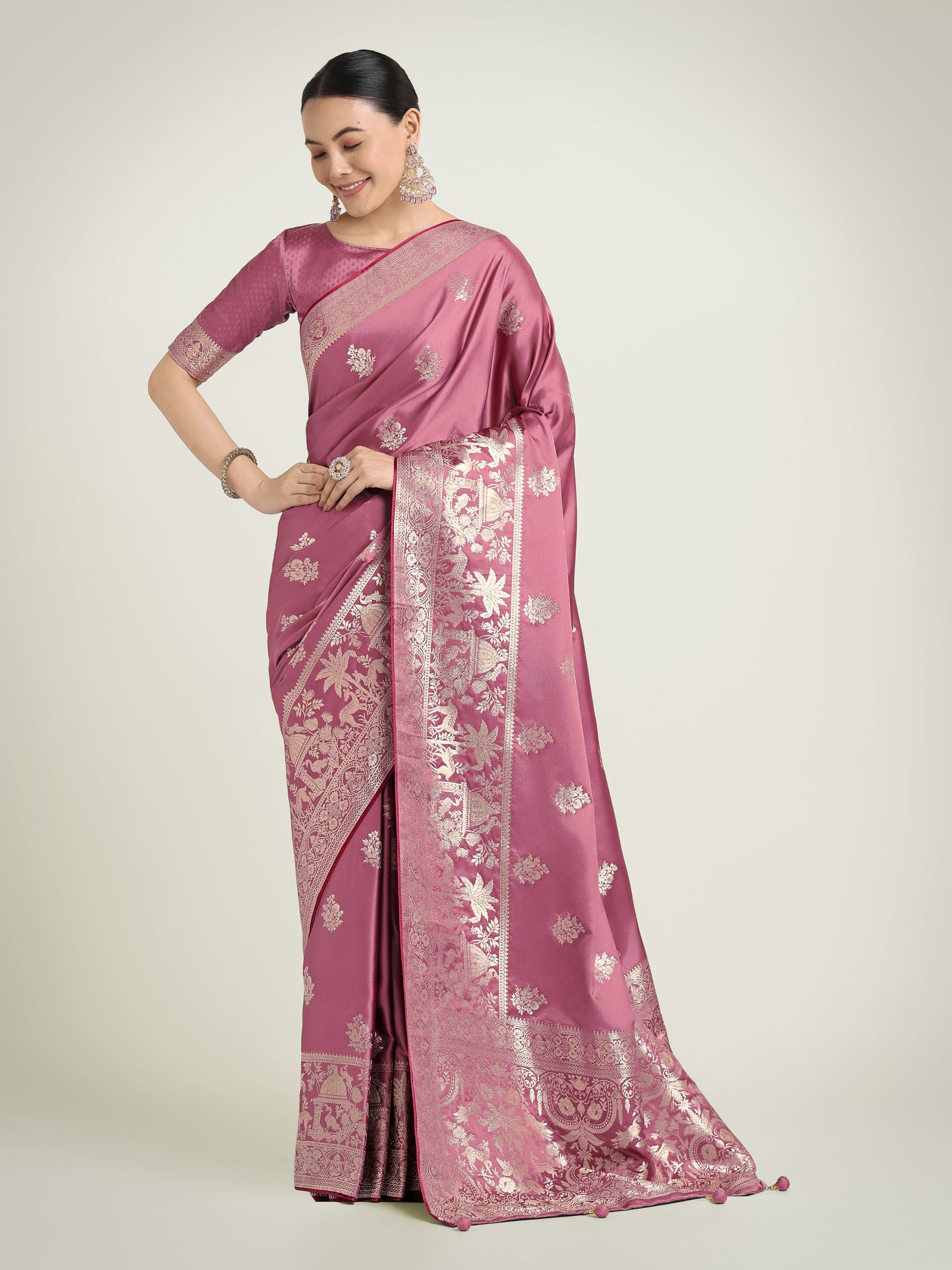 Monjolika Fashion Dusty Pink Zari Weaving Work Banarasi Satin Silk Traditional Saree | Swadesiicart