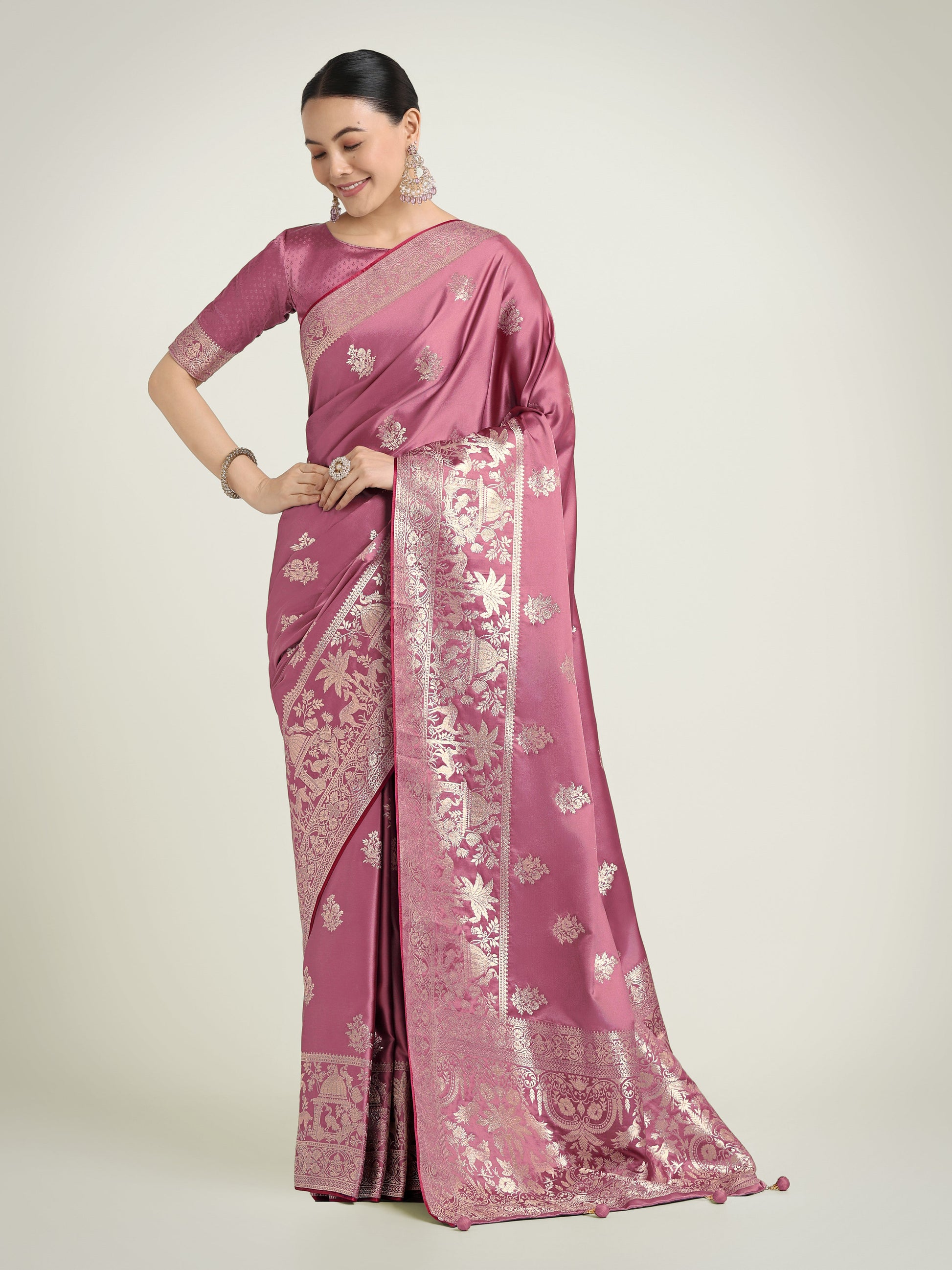 Monjolika Fashion Dusty Pink Zari Weaving Work Banarasi Satin Silk Traditional Saree | Swadesiicart
