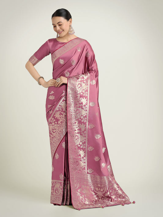 Monjolika Fashion Dusty Pink Zari Weaving Work Banarasi Satin Silk Traditional Saree | Swadesiicart