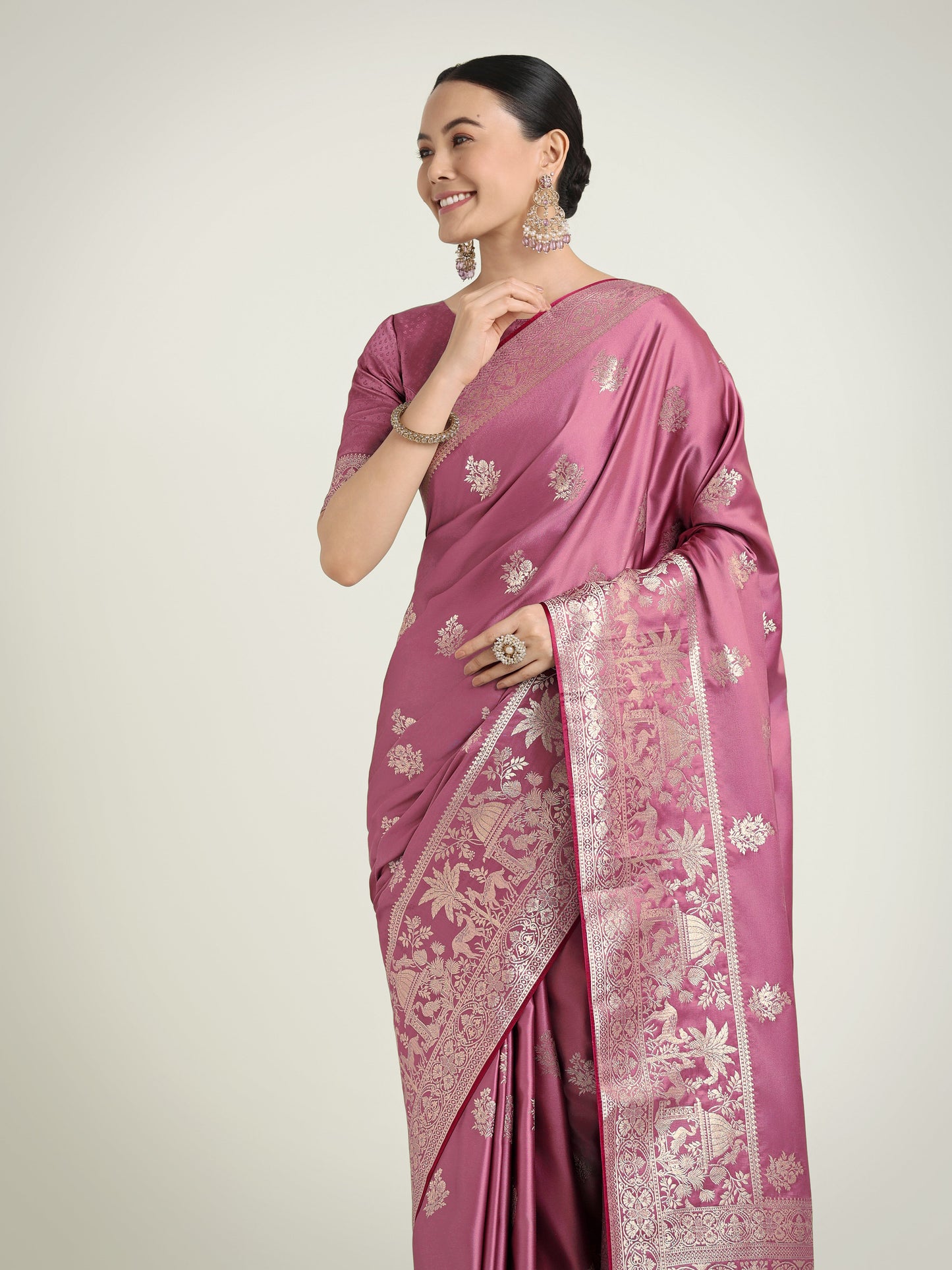 Monjolika Fashion Dusty Pink Zari Weaving Work Banarasi Satin Silk Traditional Saree | Swadesiicart
