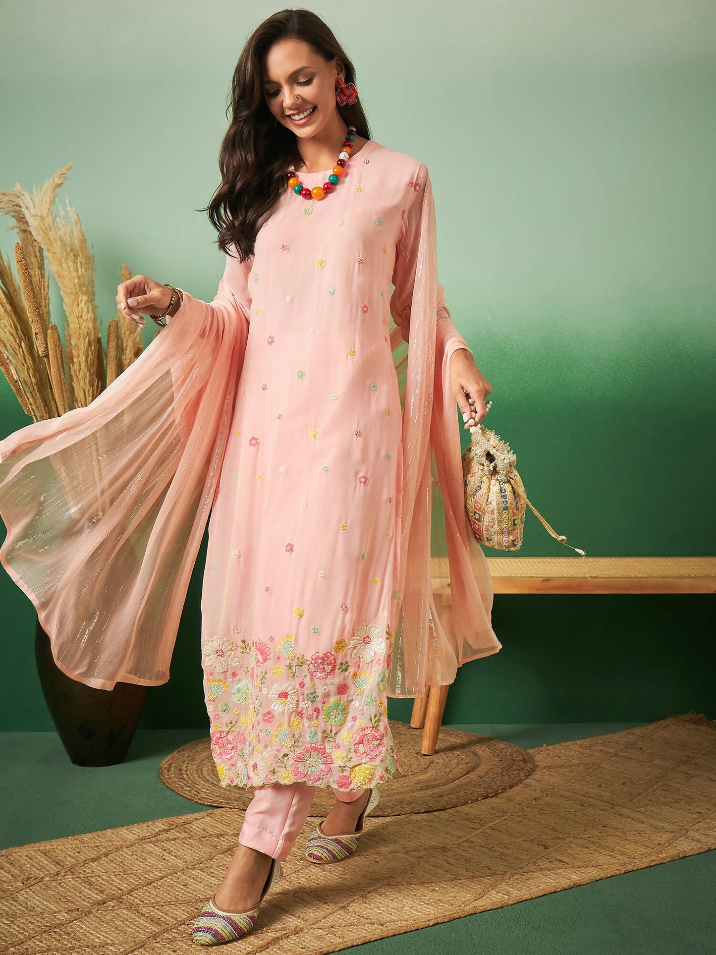 Peach Georgette Handwork Unstitched Dress Material - Hanika | Swadesiicart
