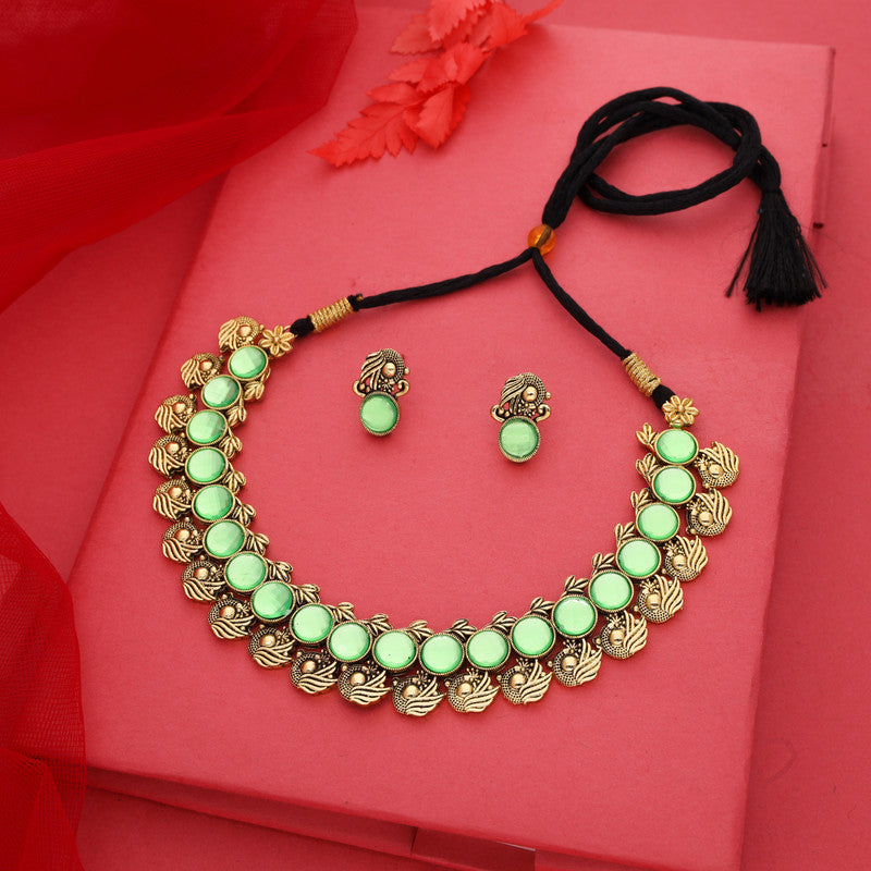 Tehzeeb Creations Sea Green Colour Gold-Polished Stone Jewellery Choker Necklace Set With Matching Pair of Stud Earrings - Swadesiicart