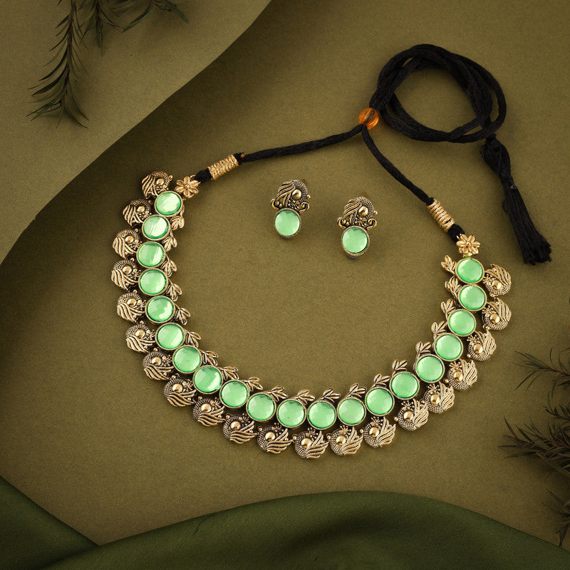 Tehzeeb Creations Sea Green Colour Gold-Polished Stone Jewellery Choker Necklace Set With Matching Pair of Stud Earrings - Swadesiicart