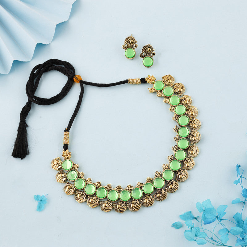 Tehzeeb Creations Sea Green Colour Gold-Polished Stone Jewellery Choker Necklace Set With Matching Pair of Stud Earrings - Swadesiicart