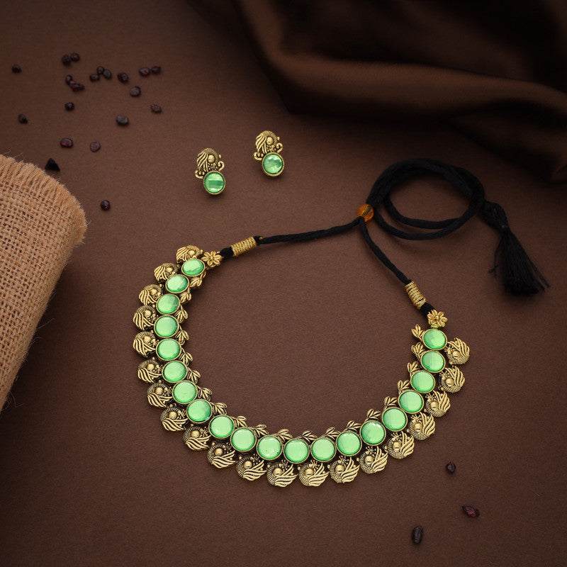 Tehzeeb Creations Sea Green Colour Gold-Polished Stone Jewellery Choker Necklace Set With Matching Pair of Stud Earrings - Swadesiicart