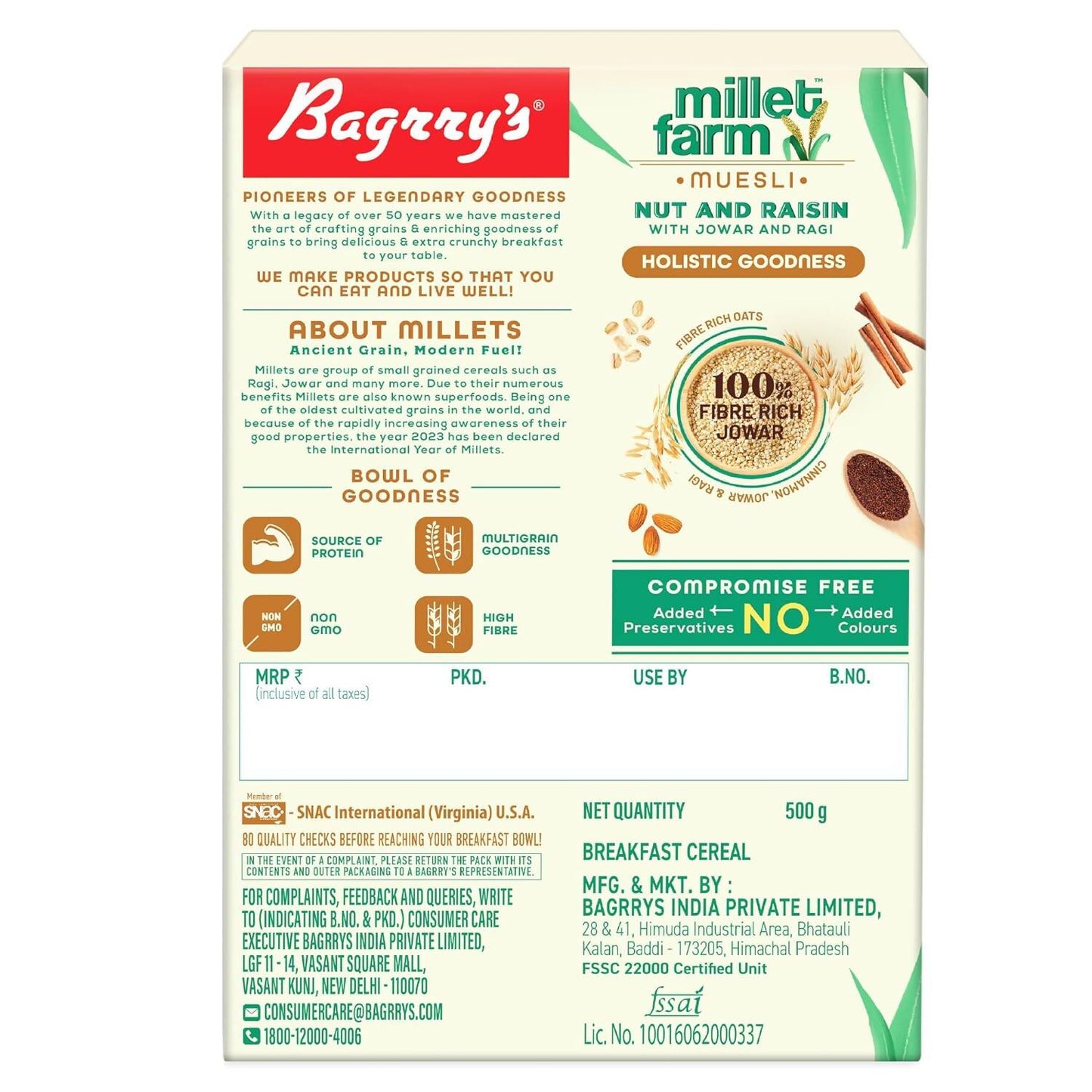 Bagrry's Millet Farm Nut & Raisin Muesli with Jowar and Ragi - Swadesiicart