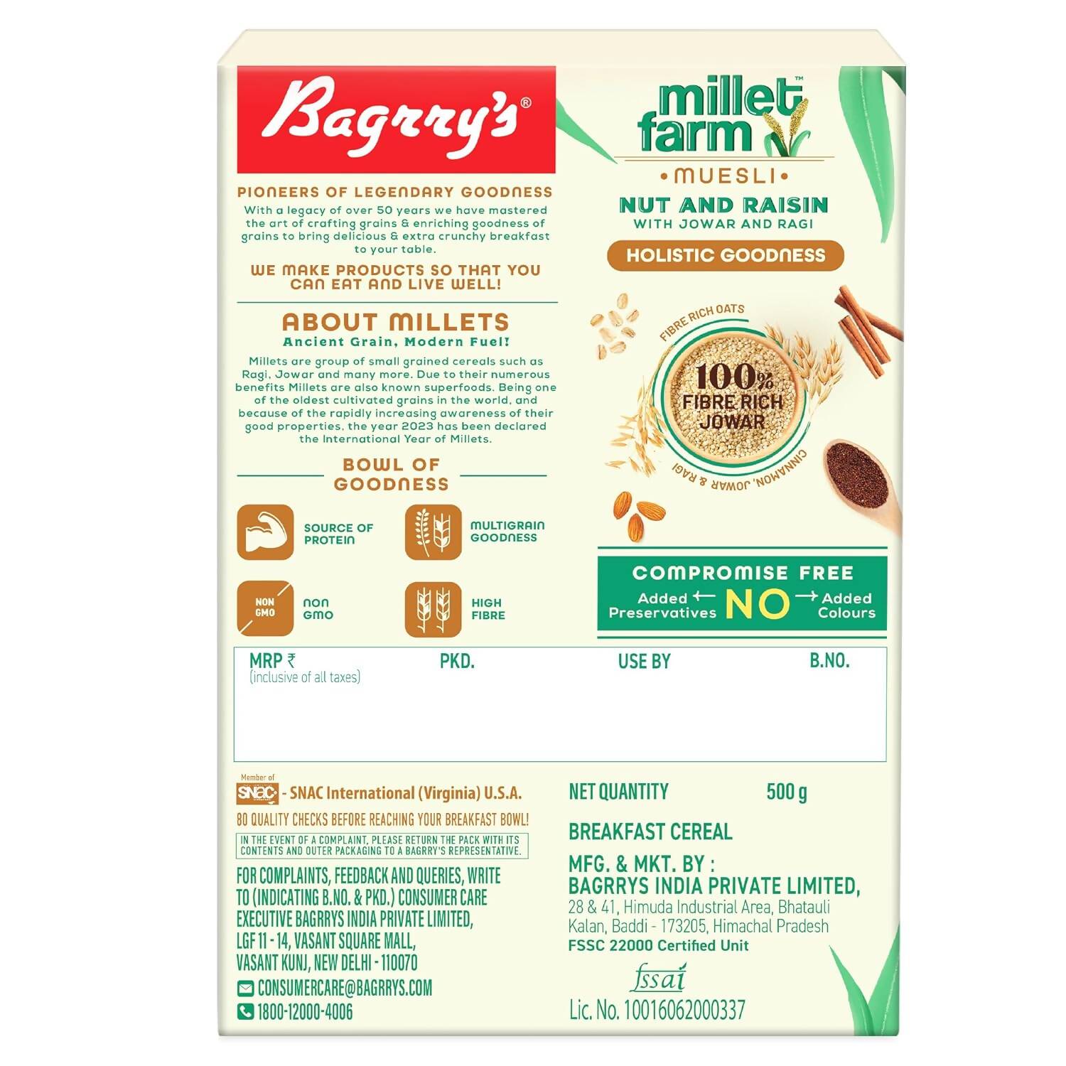 Bagrry's Millet Farm Nut & Raisin Muesli with Jowar and Ragi - Swadesiicart